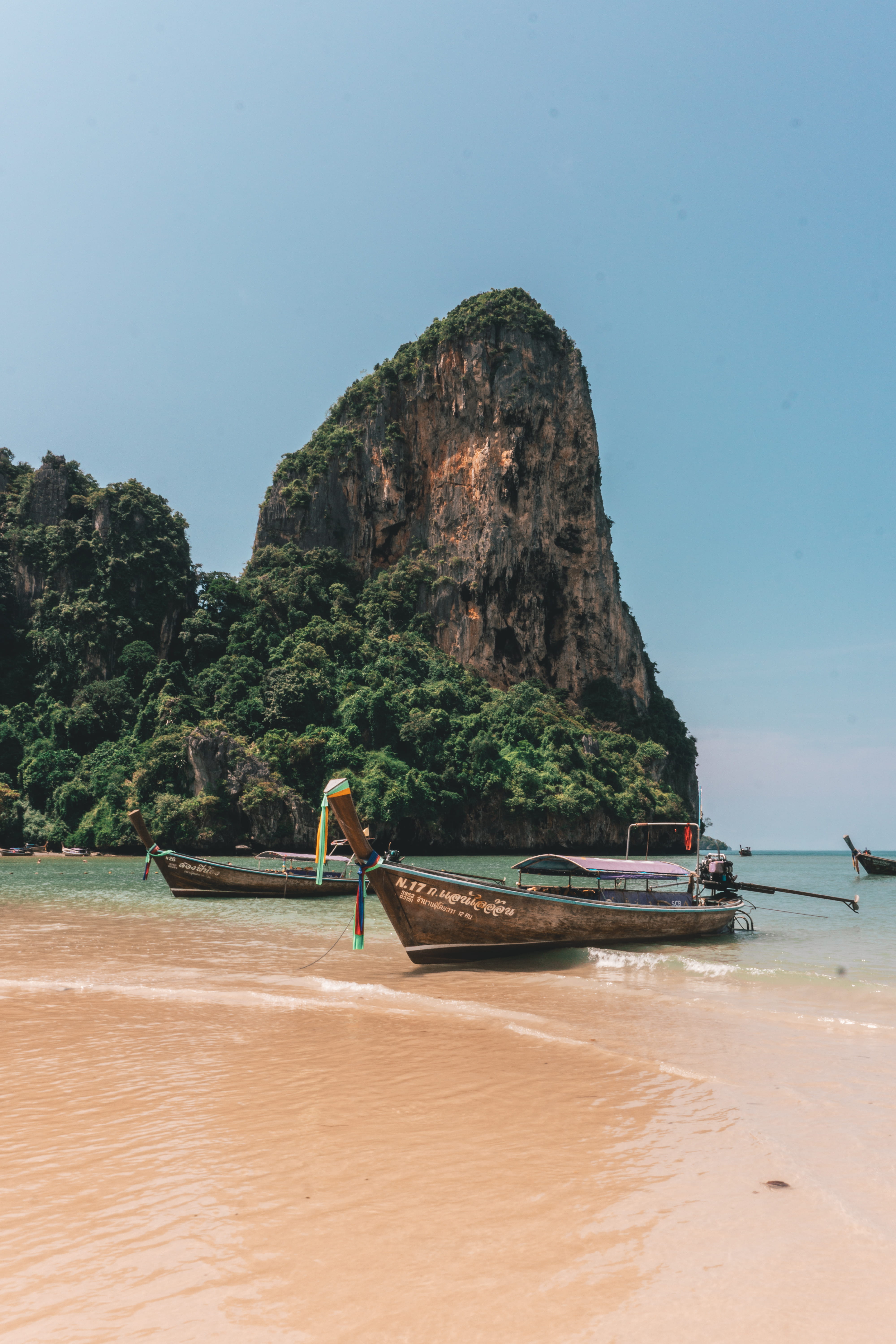 mountain, longtail boat, mode of transportation, beach, nature, scenics - nature, rock, rock formation, sand, tranquility, sea, outdoors, clear sky, thailand, Phone HD Wallpaper