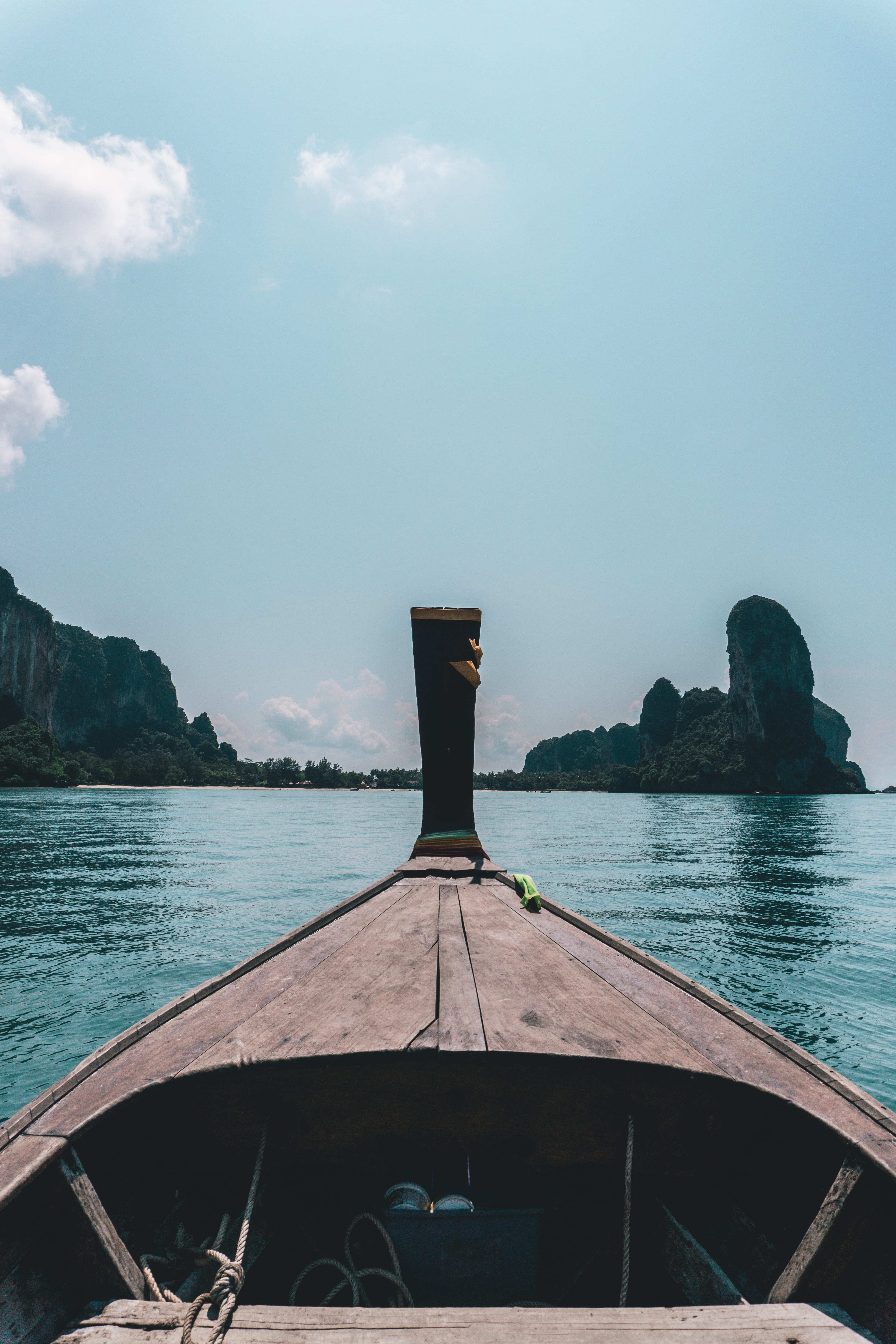 no people, idyllic, thailand, cloud - sky, scenics - nature, nature, 5K, mountain, water, longtail boat, outdoors, transportation, nautical vessel, sky, Phone HD Wallpaper