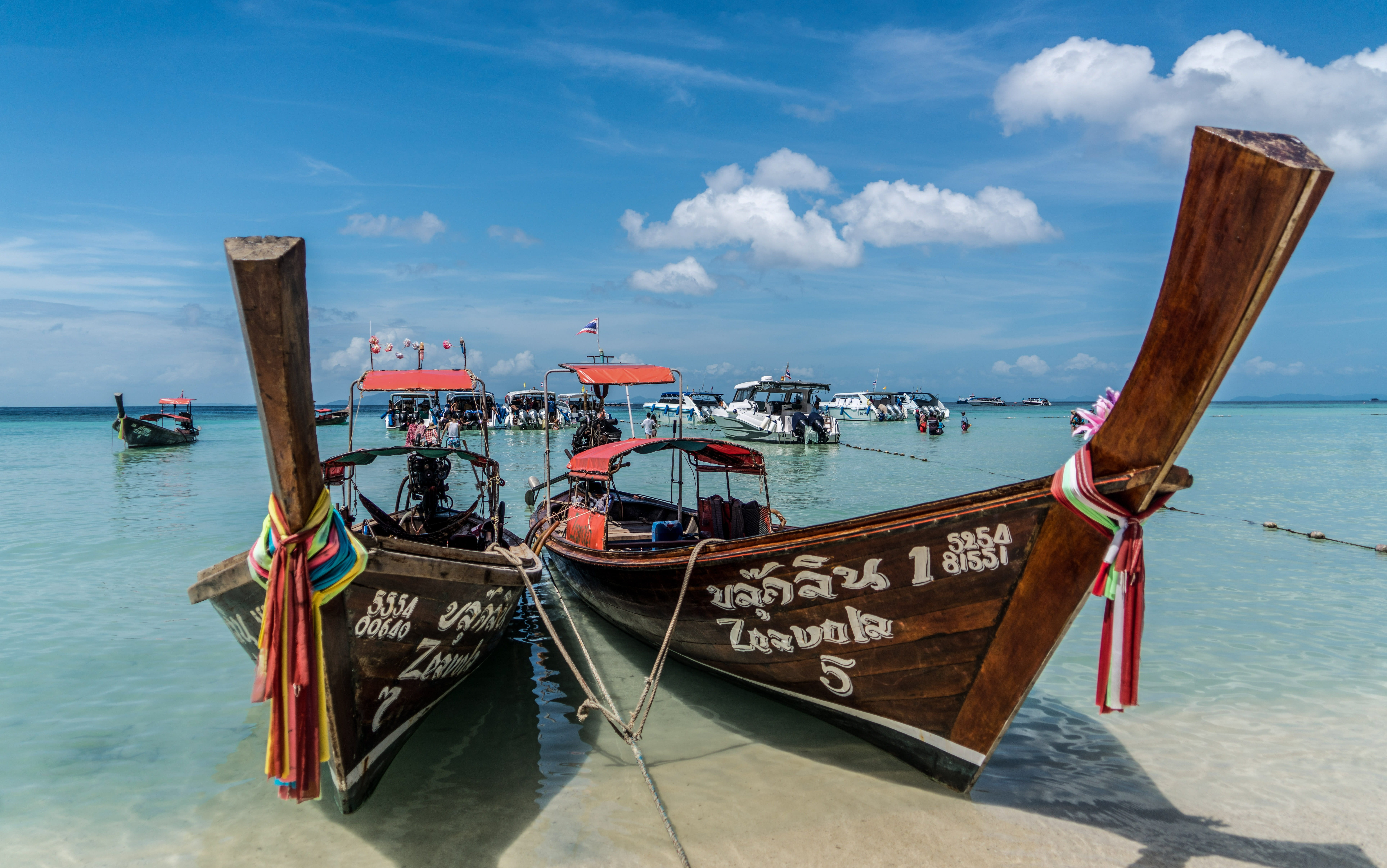 beach, asia, wooden boats, sea, day, vacation, andaman, exotic, cloud - sky, blue, 8K, island, Phi Phi Island, wood - material, tropical, beauty in nature, HD Wallpaper