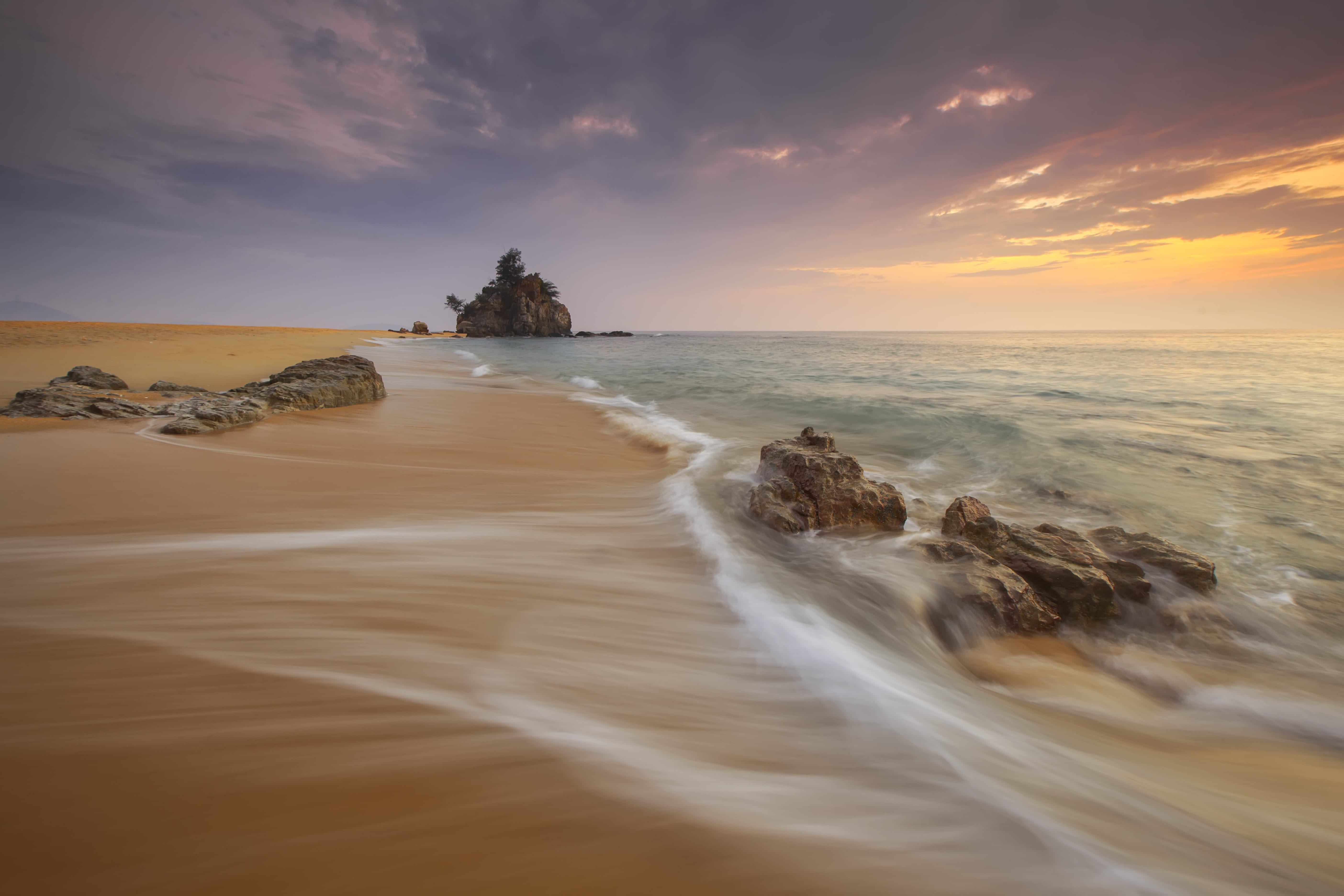 5K, ocean, flow, scenics - nature, waves, kemasik, water, landscape, beauty in nature, sunrise, sea, bora-bora, no people, seawater, view, rock - object, HD Wallpaper