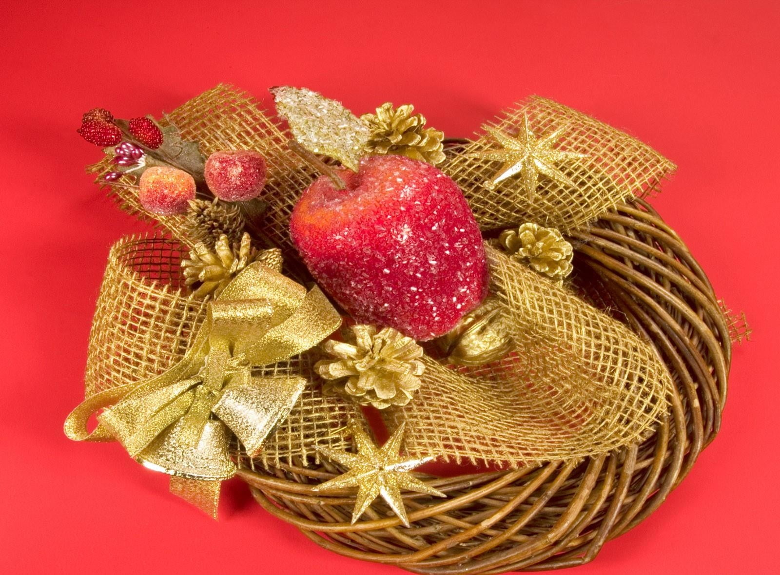 christmas decoration, positive emotion, gold Colored, still life, cones, close-up, holiday - event, apple, cut out, cultures, no People, 720P, ribbon - sewing item, HD Wallpaper