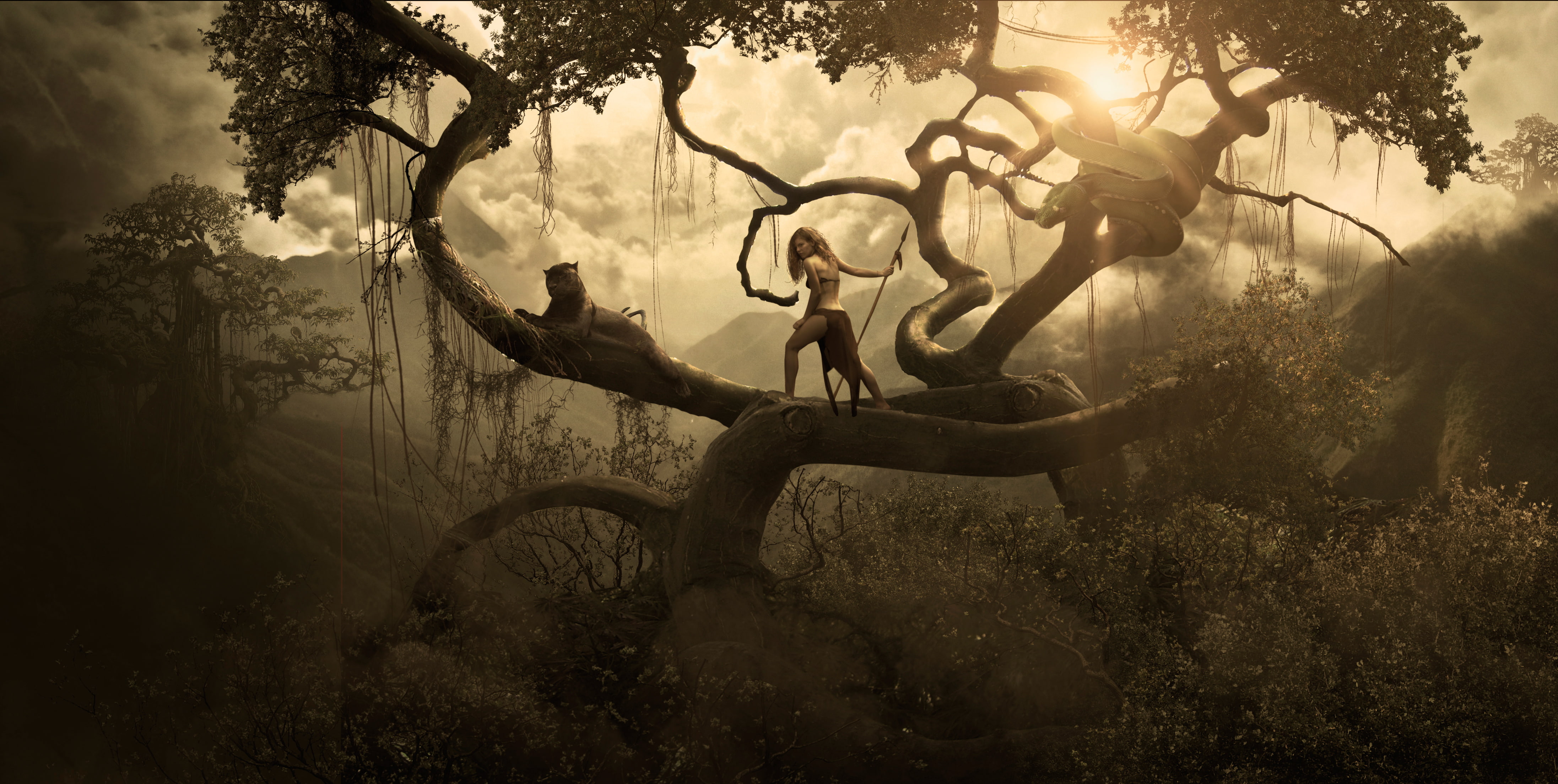 growth, plant part, tree, sunlight, 4K, Big snake, forest, plant, scenics - nature, beauty in nature, 4K, branch, sunset, Girl, land, outdoors, leisure activity, HD Wallpaper