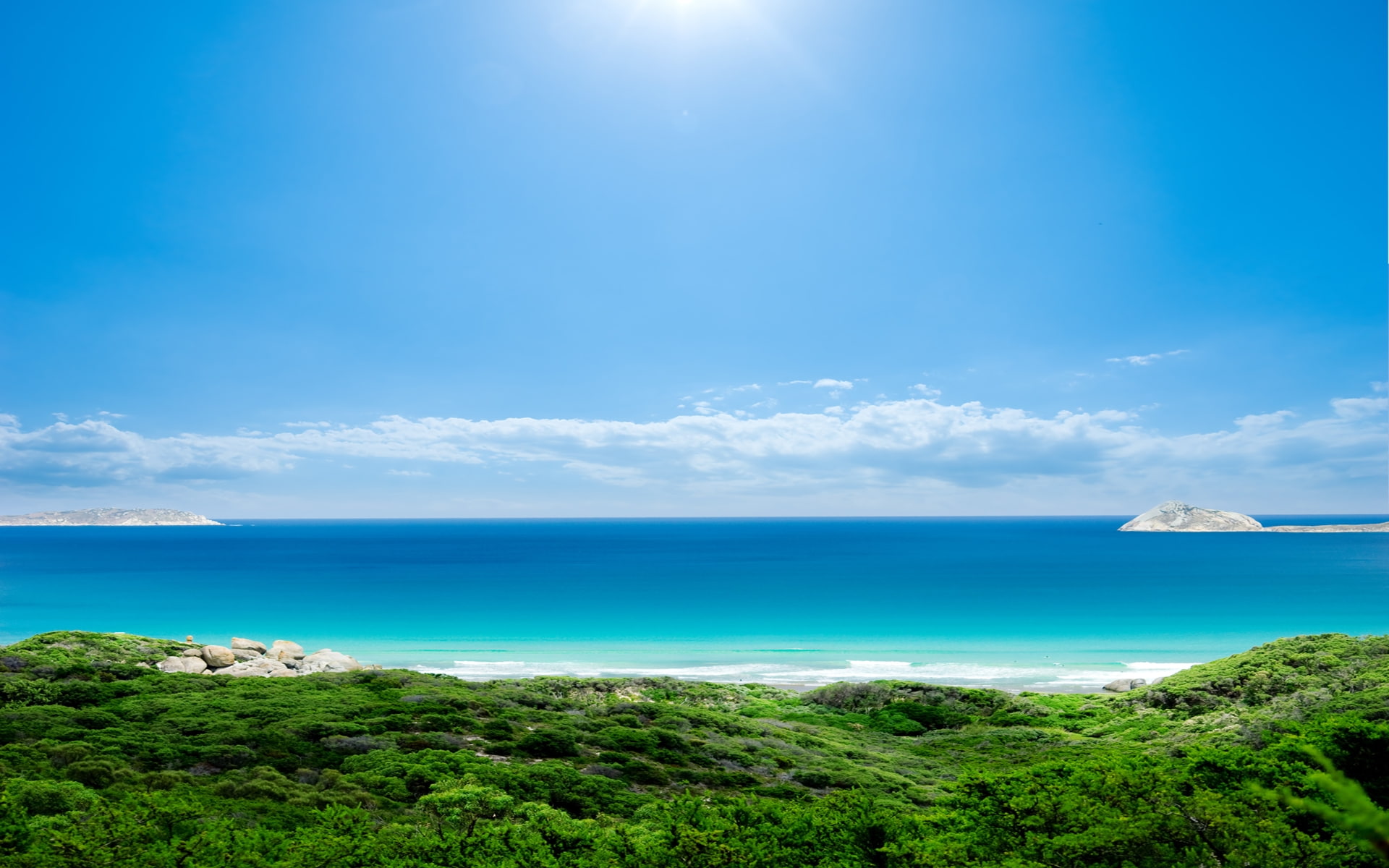 summer landscape, blue sky, ocean, lost, clear sky, blue, exotic, island, 1080P, sea view, HD Wallpaper