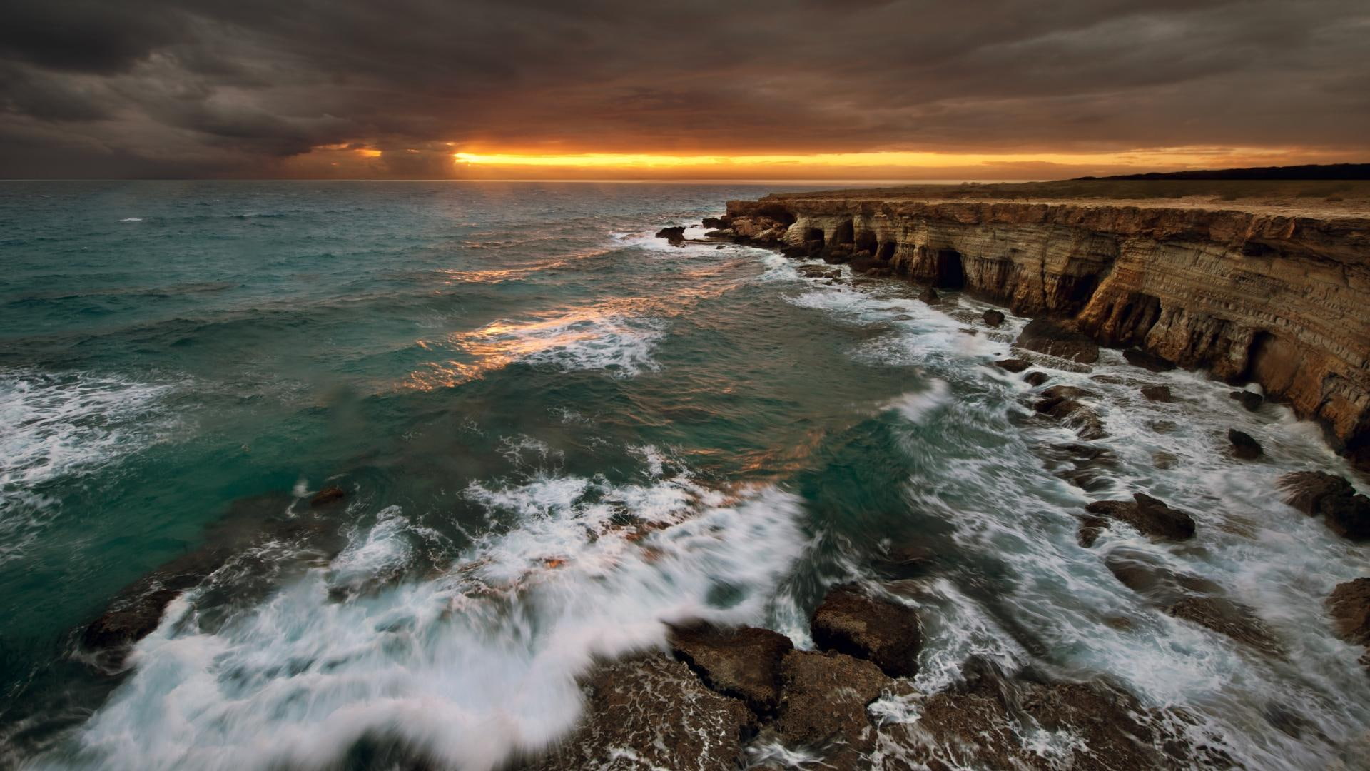 clouds, sky, nature and landscapes, stormy, 1080P, sunset, costa, sea, HD Wallpaper