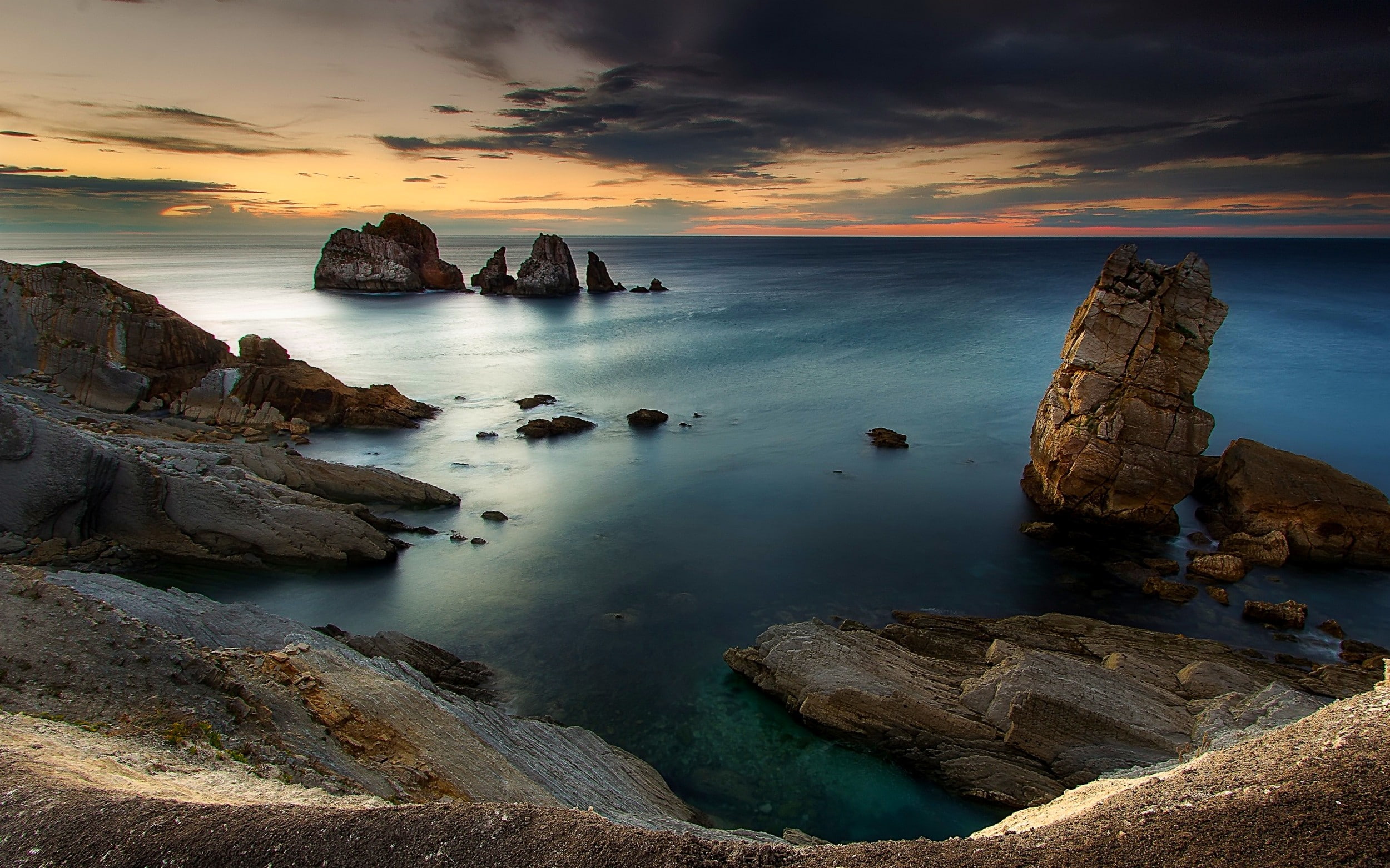 blue, Spain, sky, clouds, sea, rock, sunset, 1080P, landscape, water, coast, nature, HD Wallpaper