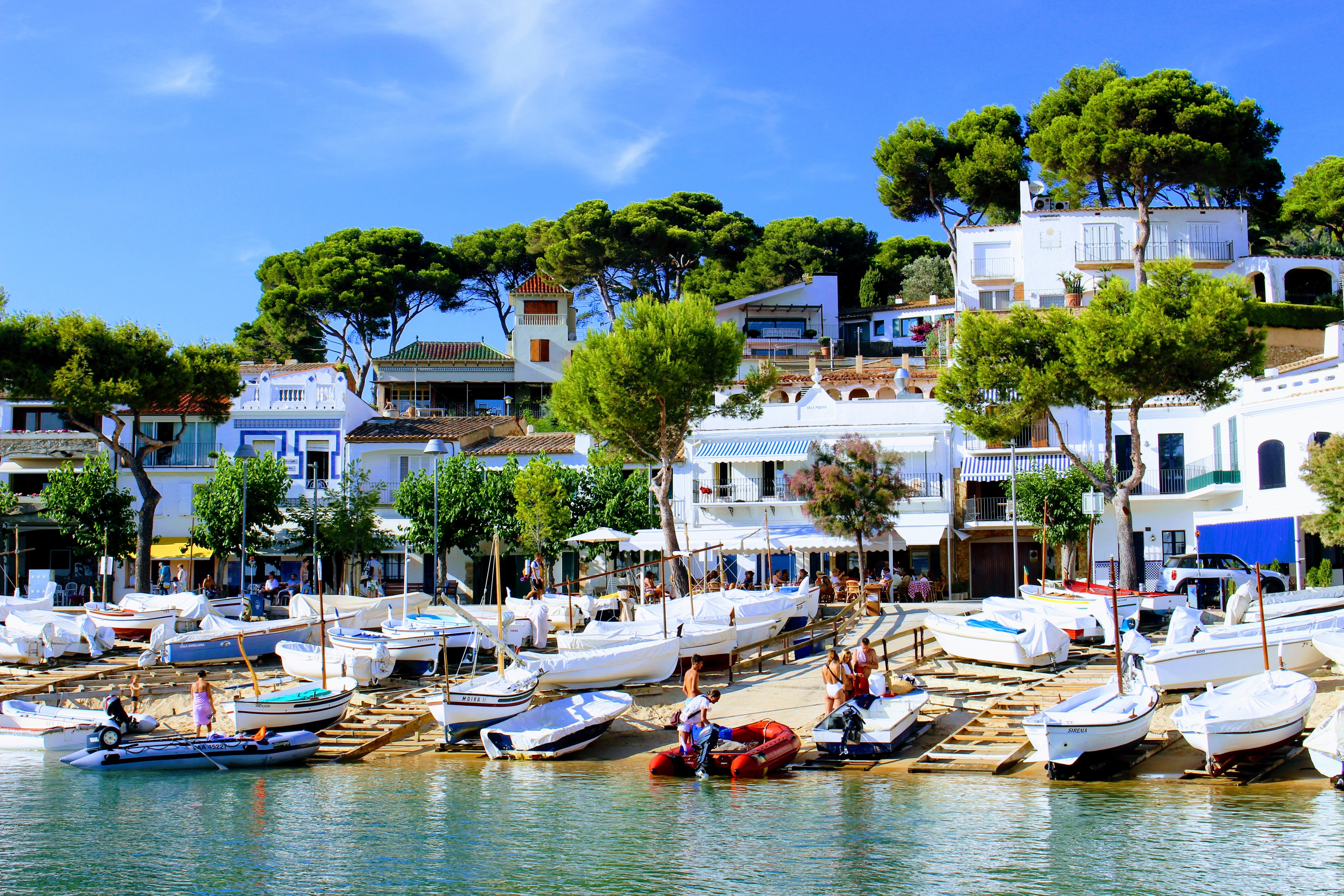 nautical vessel, outdoors, built structure, boat, spain, architecture, 5K, building exterior, tree, waterfront, costa brava, lot, no people, transportation, HD Wallpaper