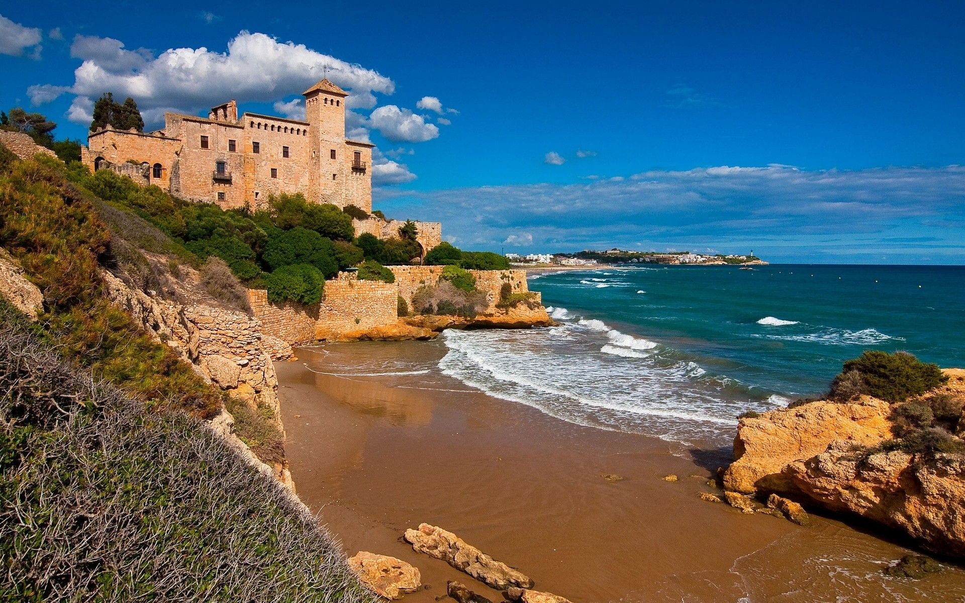 spain, 1080P, beach, castle, tamarit, tarragona, dorada, costa, catalonia, HD Wallpaper