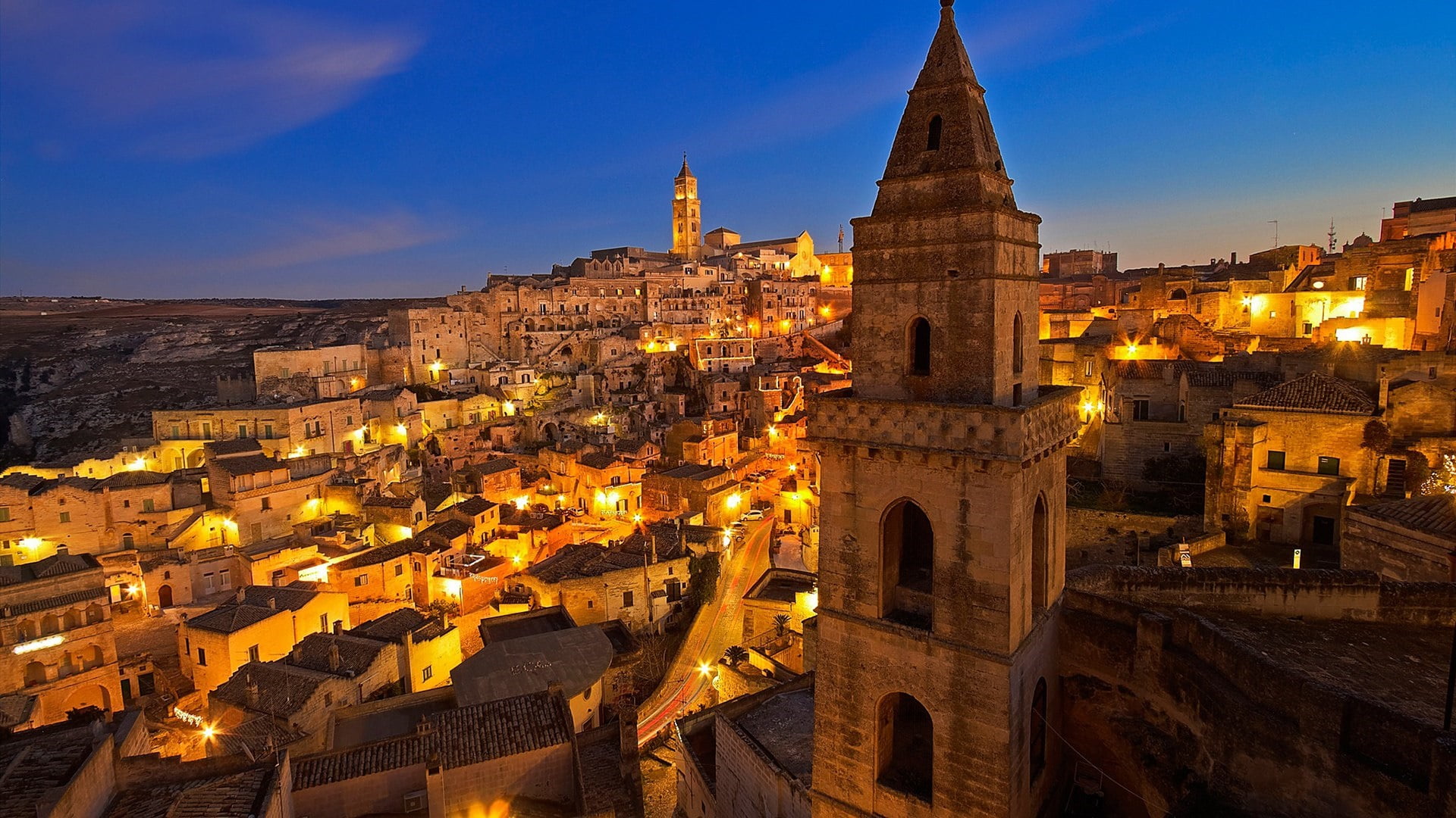 tourism, europe, city, italy, historic site, night, sky, old, cityscape, building, matera, built structure, clock, history, architecture, evening, tower, HD Wallpaper