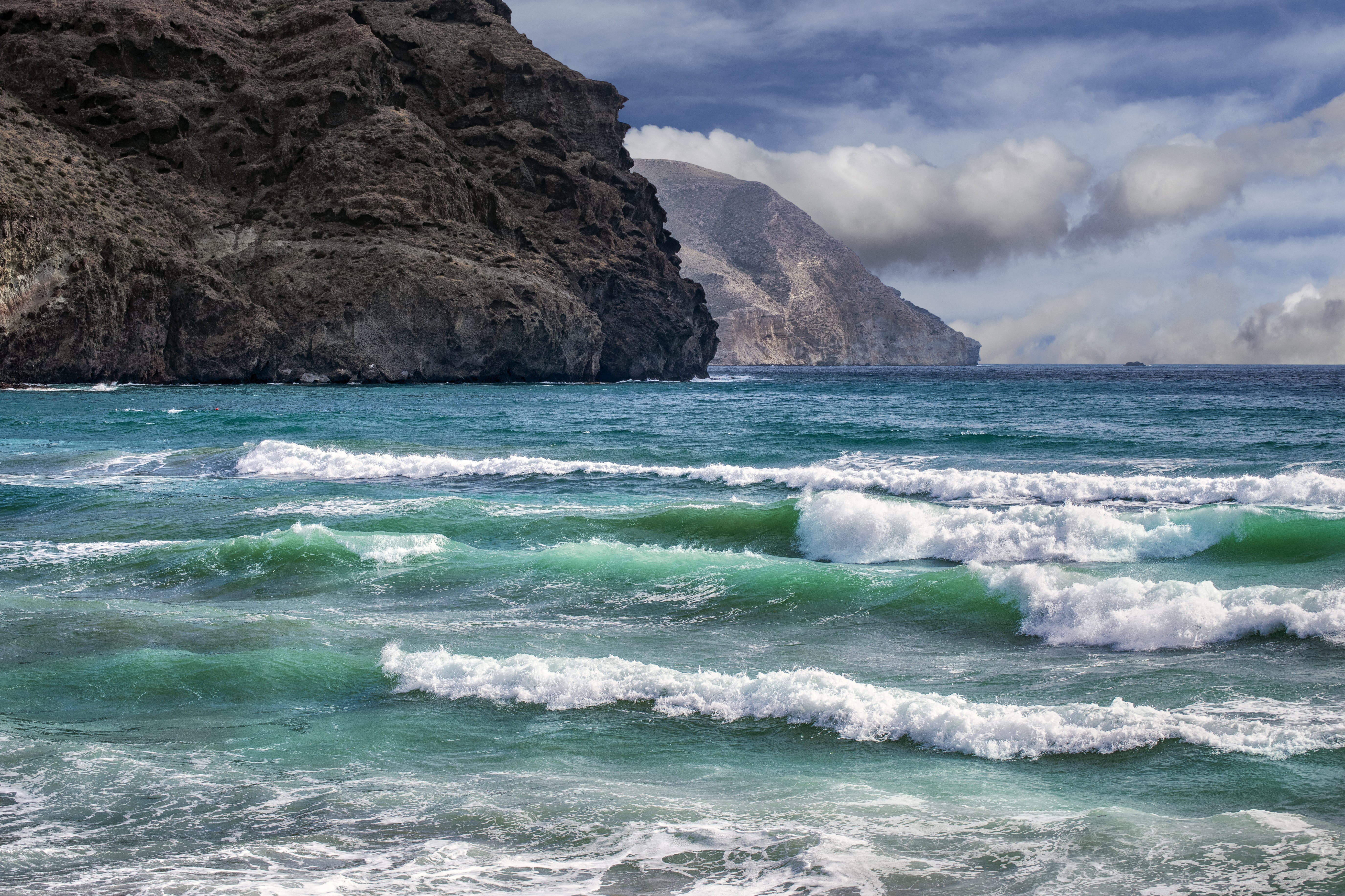 rock, horizon over water, almeria, costa, wave, sky, beach, cloud - sky, aquatic sport, 5K, day, scenics - nature, land, cabo de gata, nature, outdoors, HD Wallpaper