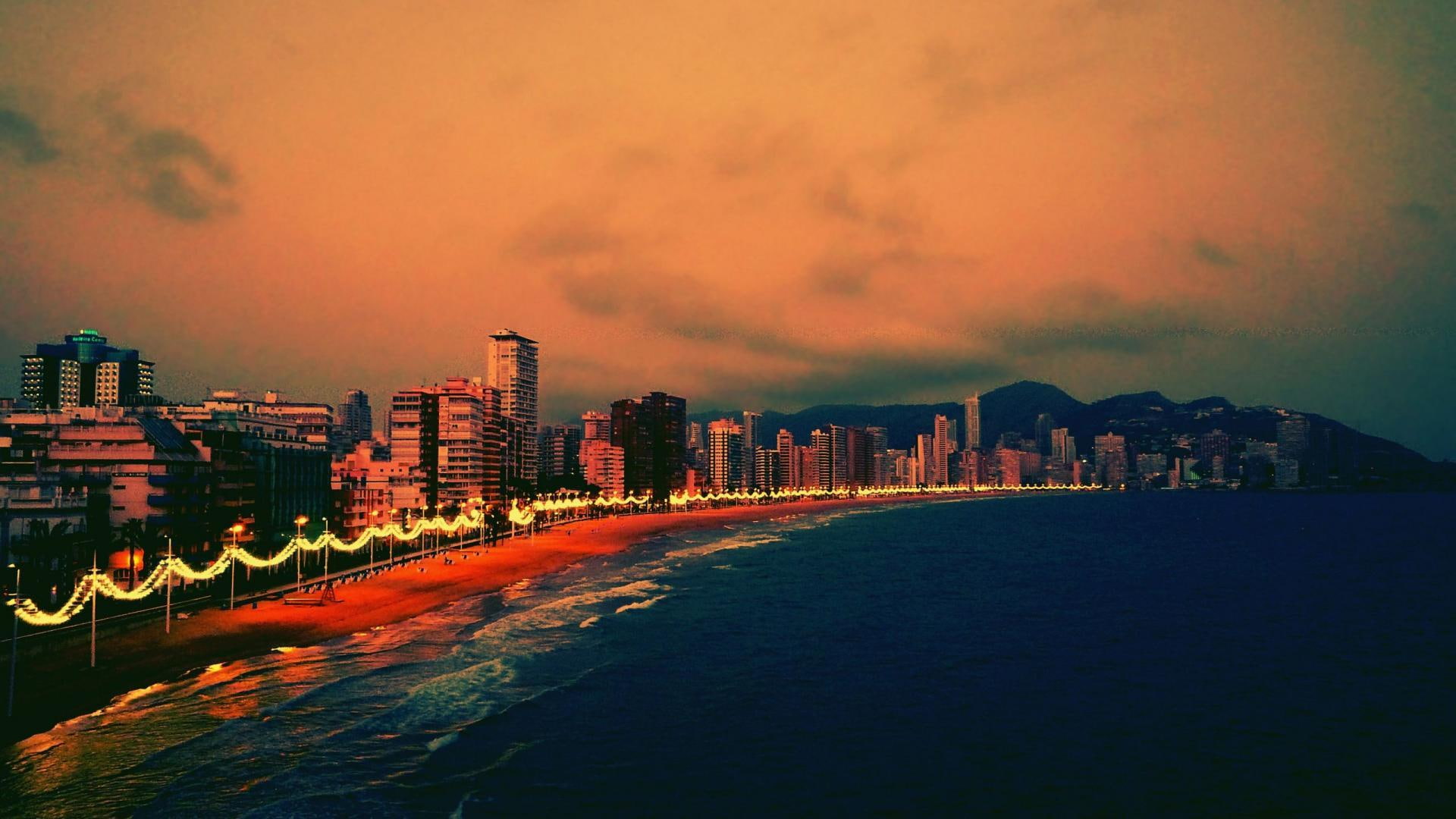 nature and landscapes, lights, beach, 1080P, evening, benidorm, city, spain, HD Wallpaper