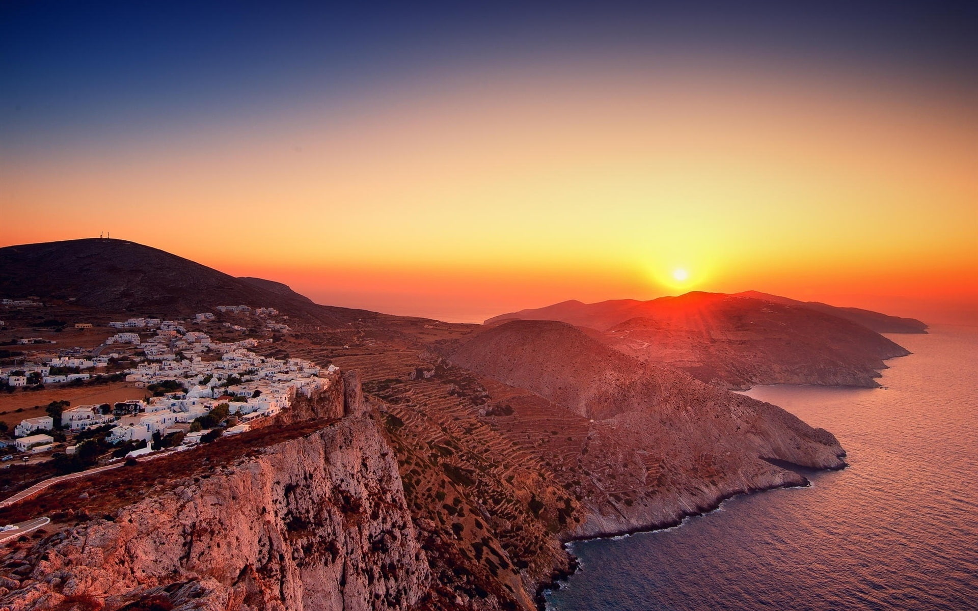 Mountains, Houses, Sea, Sunrise, Greece, 1080P, HD Wallpaper