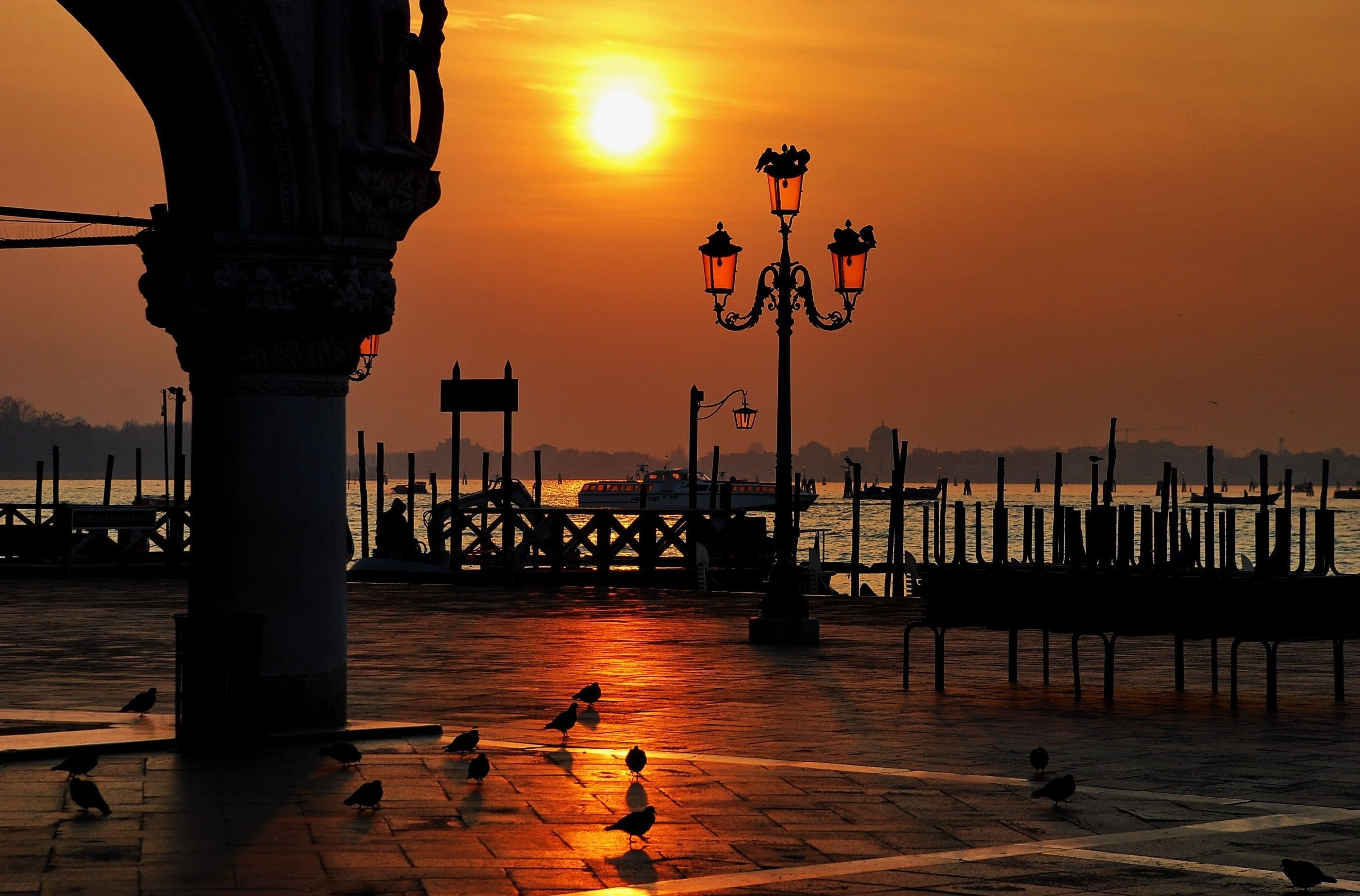 2K, marco, piazza, venice, lights, san, sunset, sky, post, birds, lamp, italy, HD Wallpaper
