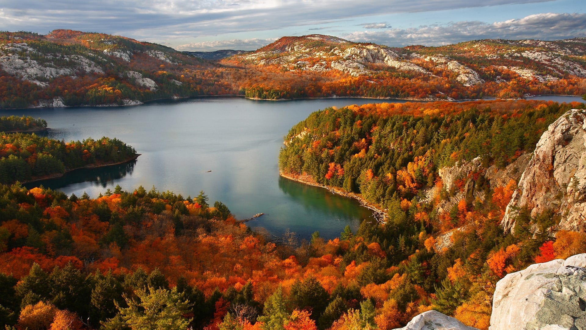 mountains, landscape, rocks, sky, Canada, fall, lake, nature, wood, Killarney Lake, clouds, 1080P, water, HD Wallpaper