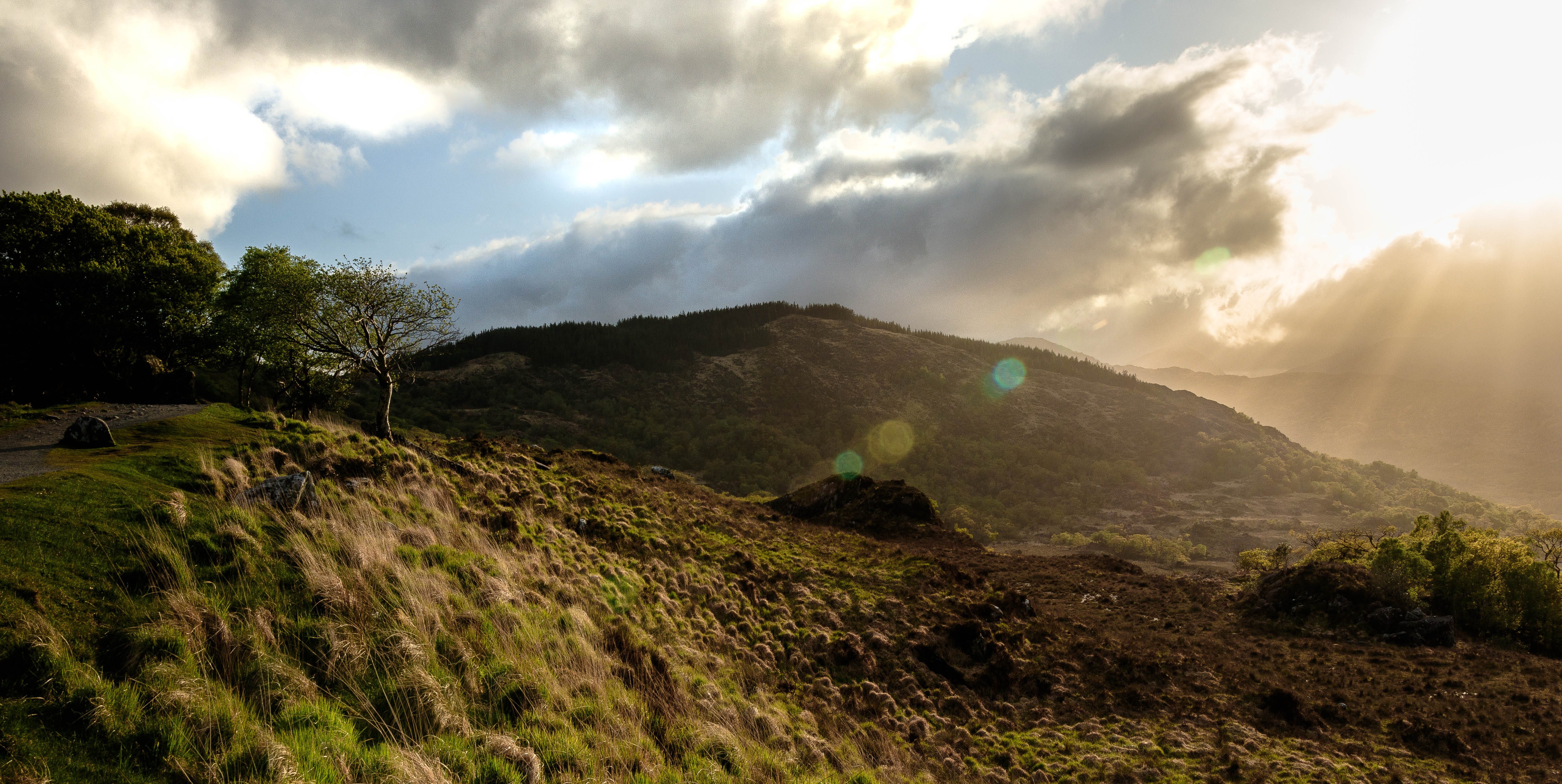 meadow, beauty in nature, 5K, tranquility, cloudscape, sunset, ladys view, mountain, landscape, land, semi-arid, nature, cloud - sky, plant, flare, scenics - nature, HD Wallpaper