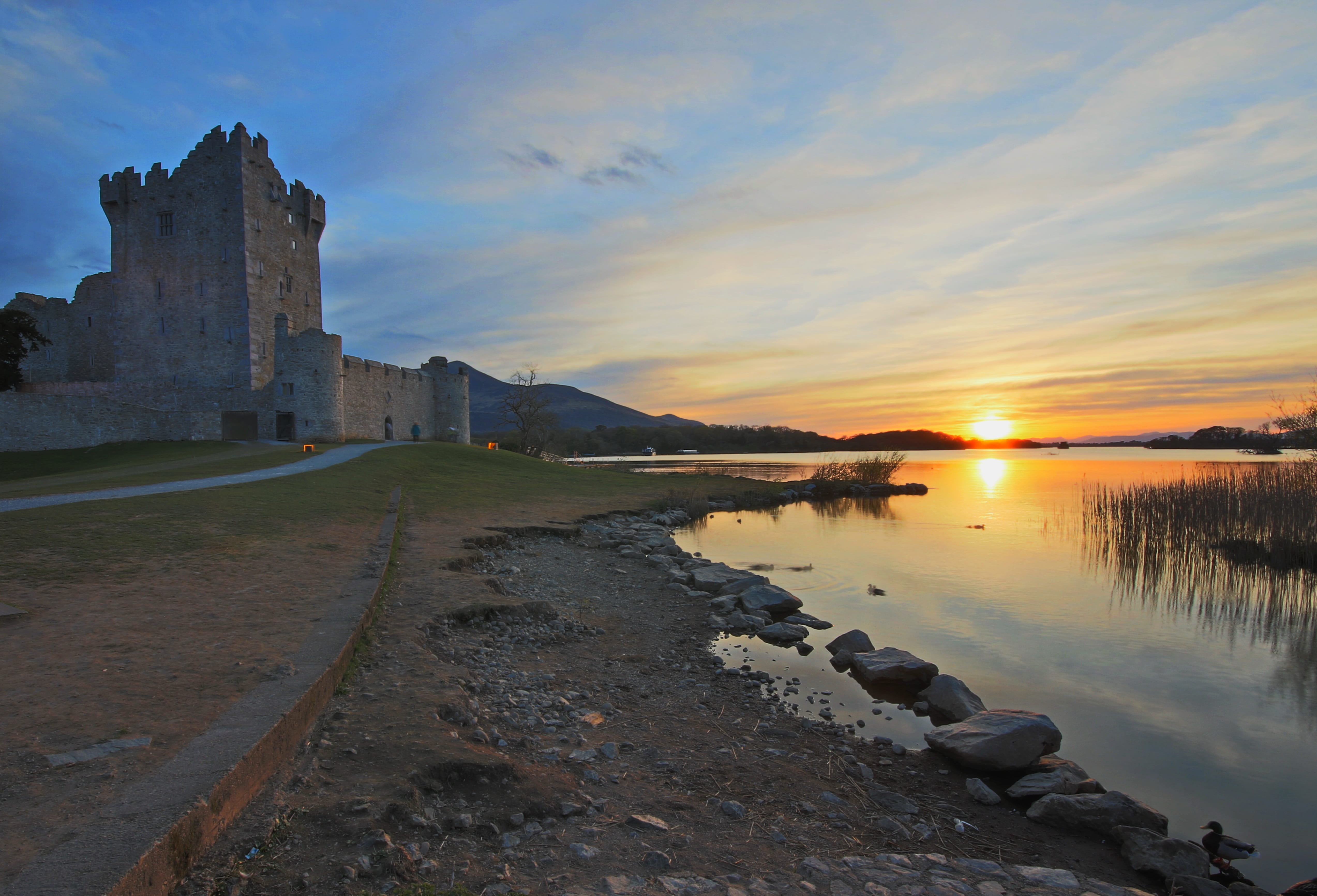nature, reflection, cloud - sky, orange color, killarney, architecture, building, water, sunset, no people, tranquility, sky, lake, ross, 4K, built structure, HD Wallpaper