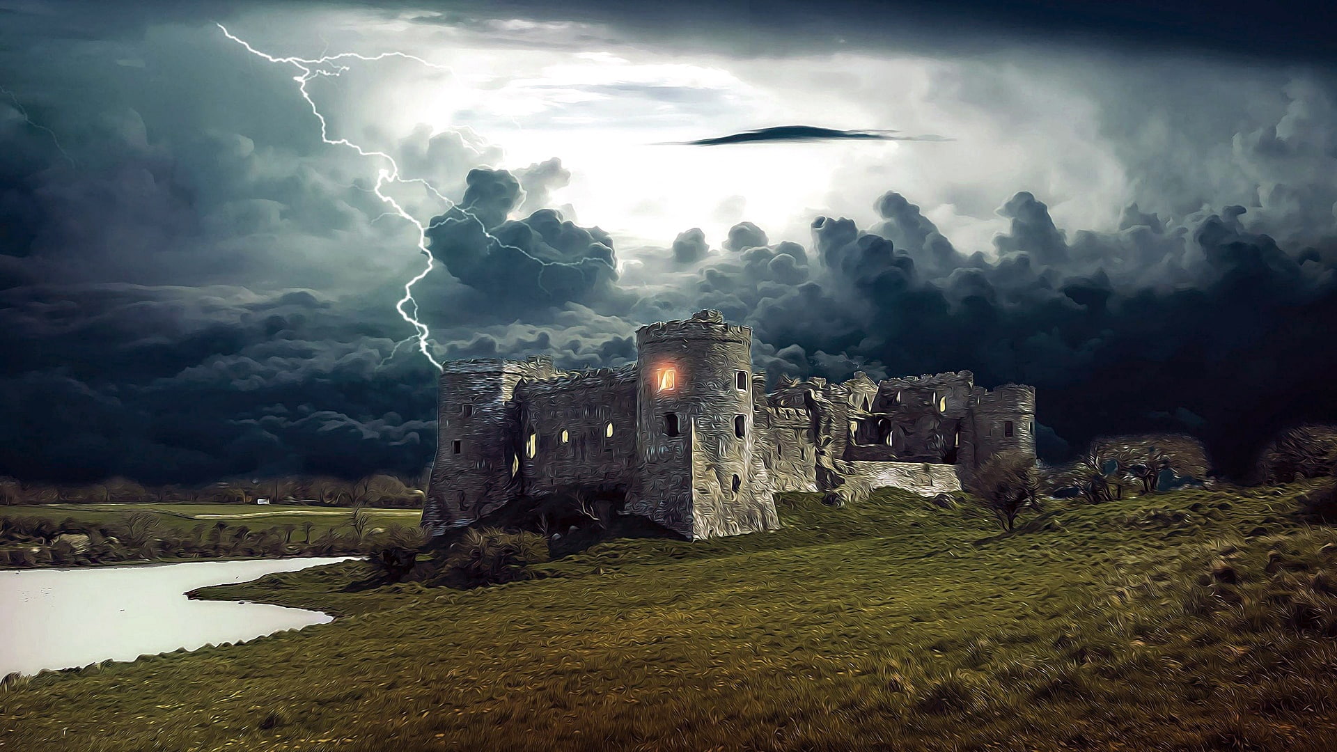 landscape, sky, medieval, 1080P, tower, dark, cloud, castle, fantasy, HD Wallpaper