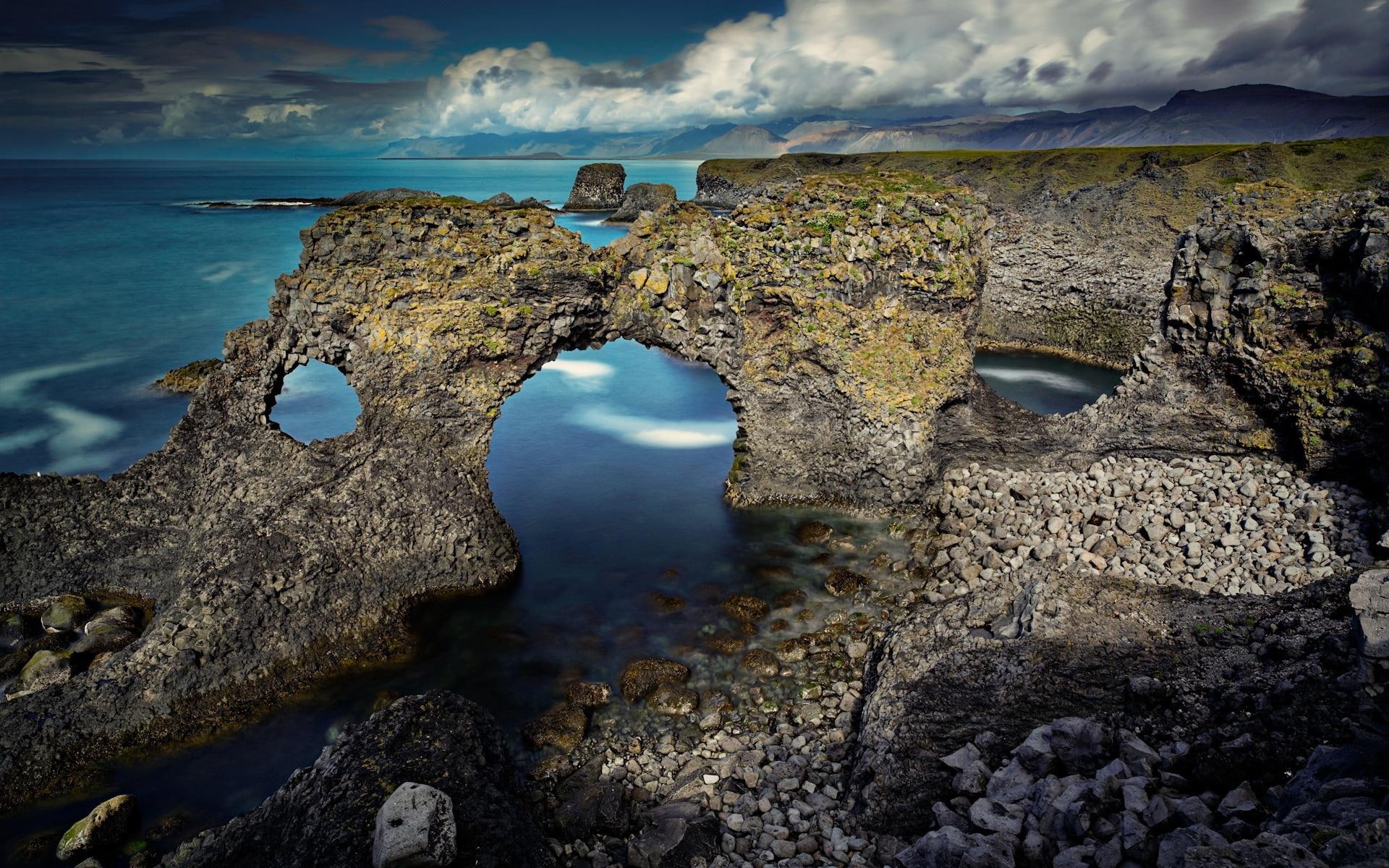 cloud, rock, formations, brown, natural, 1080P, 1920x1200, arch, coast, nature, HD Wallpaper