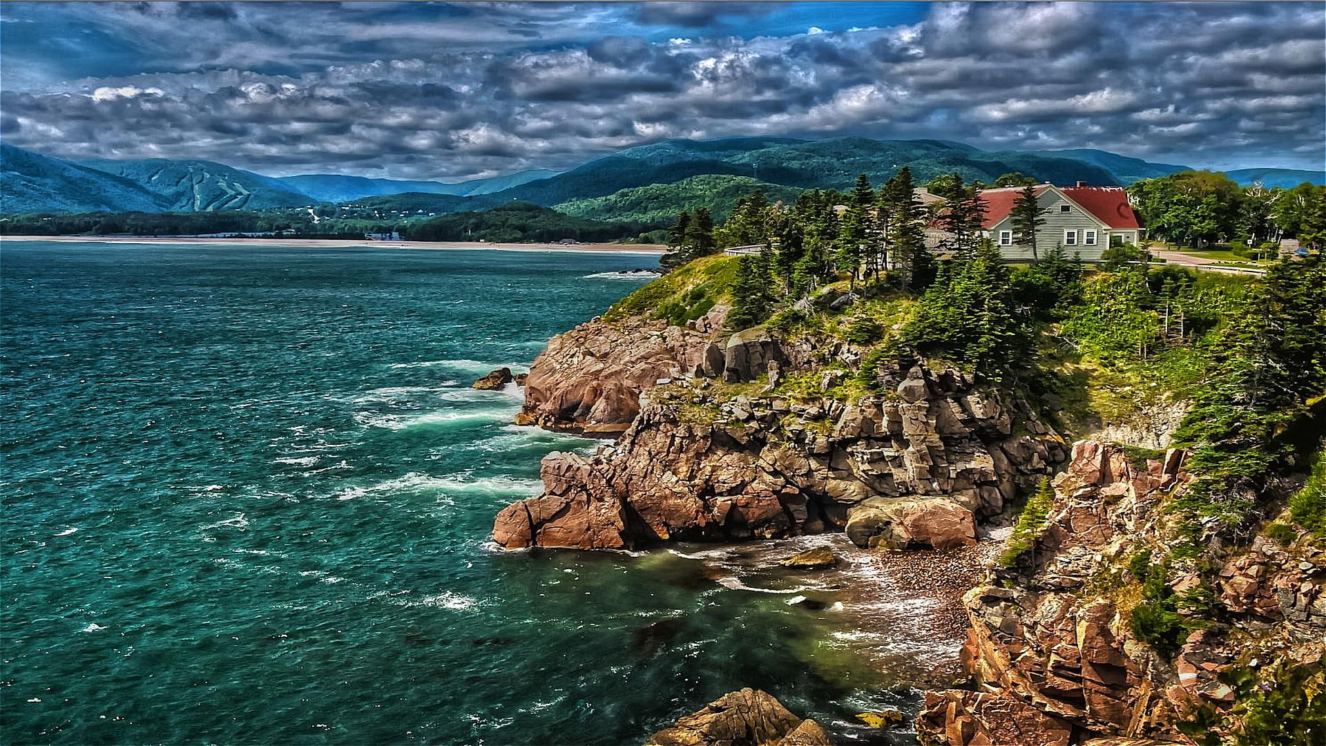 cliff, hdr, 1080P, nature and landscapes, house, brown, wonderful, coast, rocks, clouds, coastal, sea, green, HD Wallpaper
