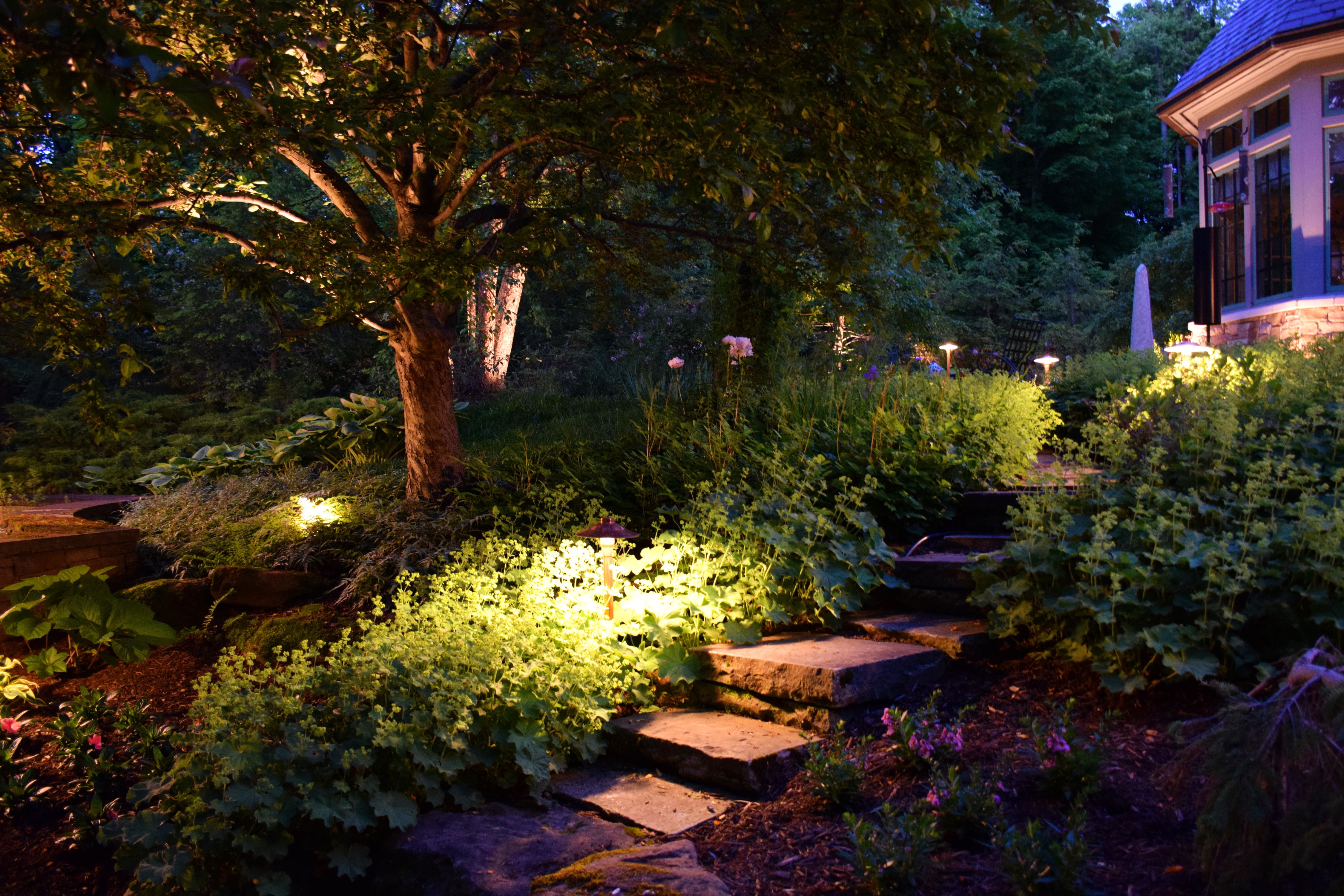 4K, trees, flowers, garden, stairs, plants, HD Wallpaper
