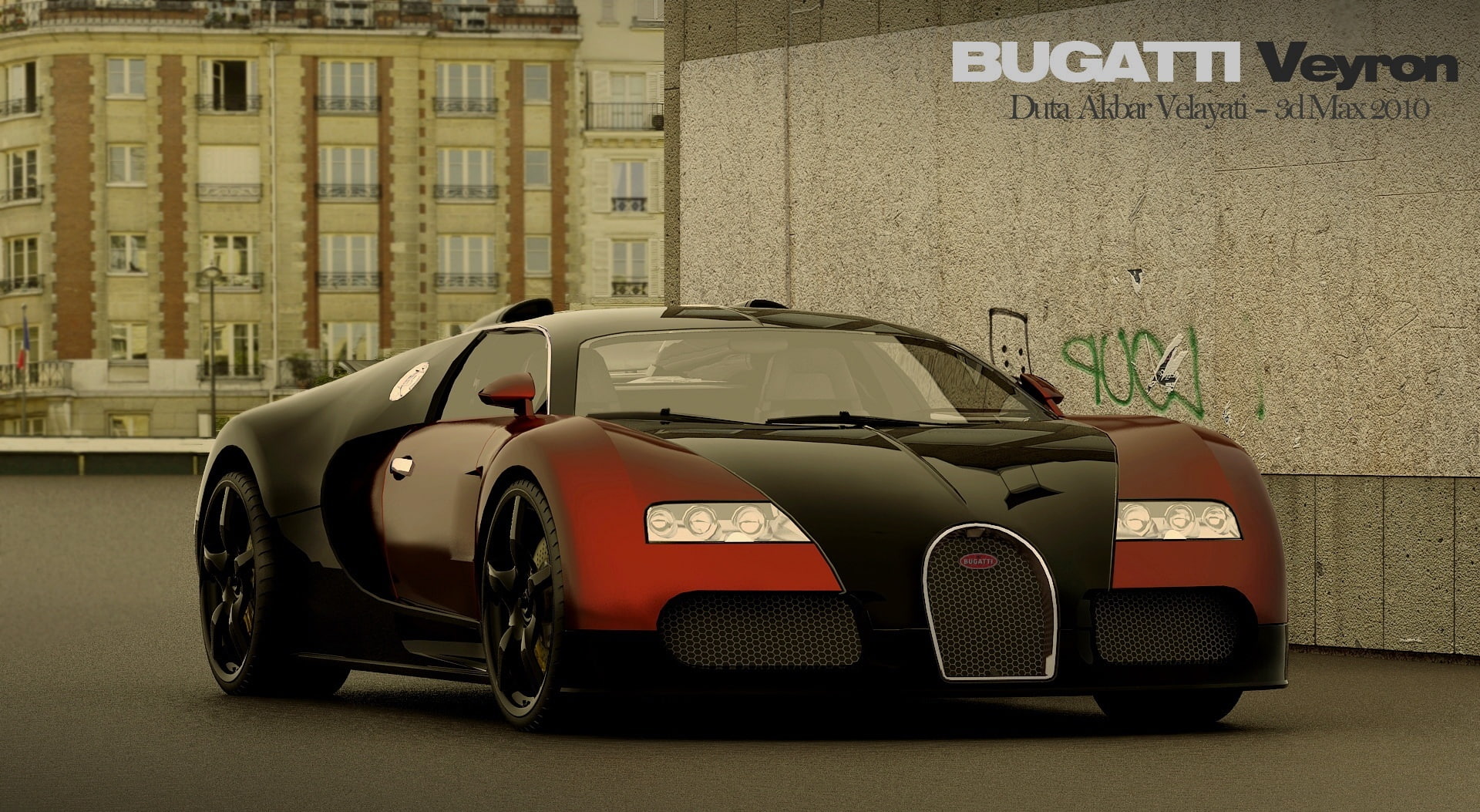 car, building exterior, Veyron, western script, people, mode of transportation, day, 1080P, architecture, red, hd, street, motor vehicle, text, communication, HD Wallpaper