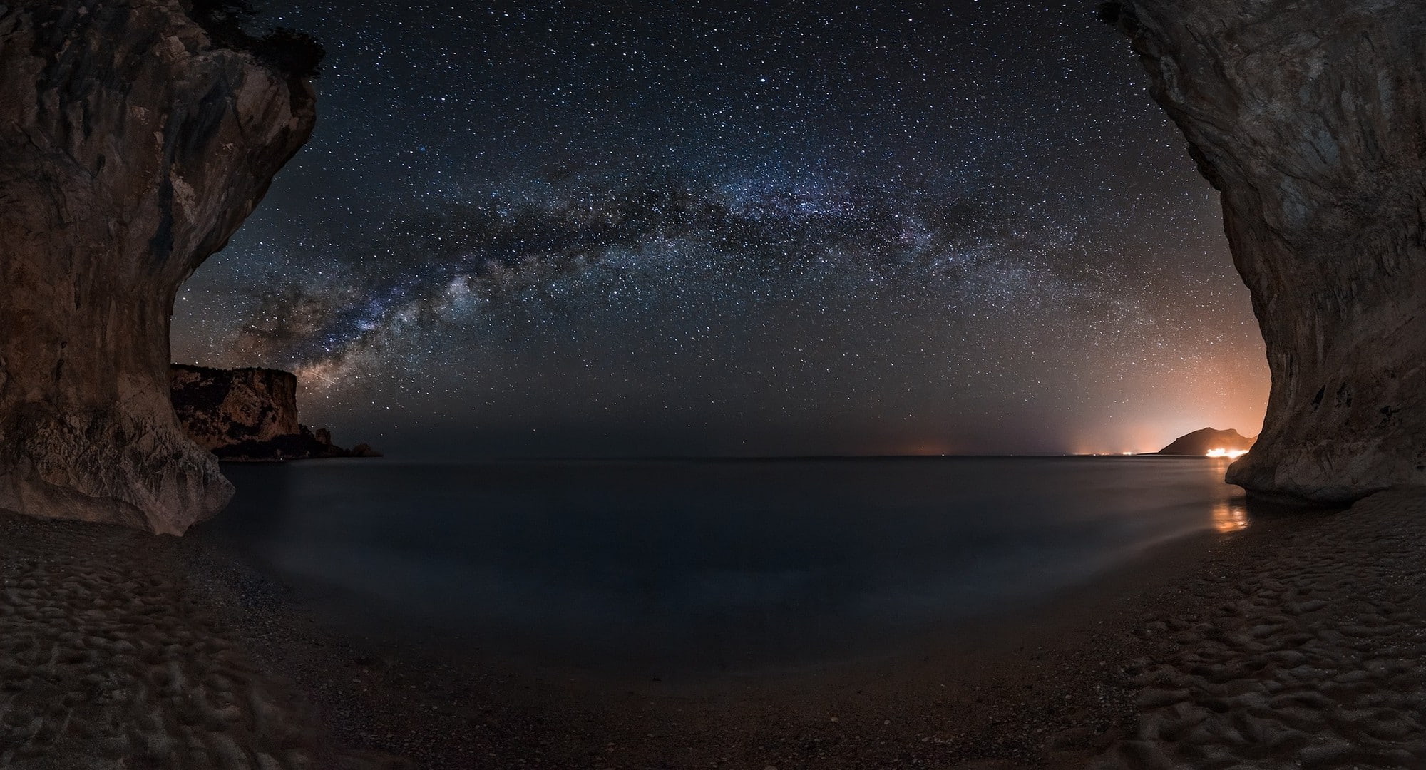 no people, sea, Starry Night, landscape, cave, sky, Lights, beach, nature, Long Exposure, idyllic, sand, Milky way, tranquil scene, space, scenics - nature, HD Wallpaper