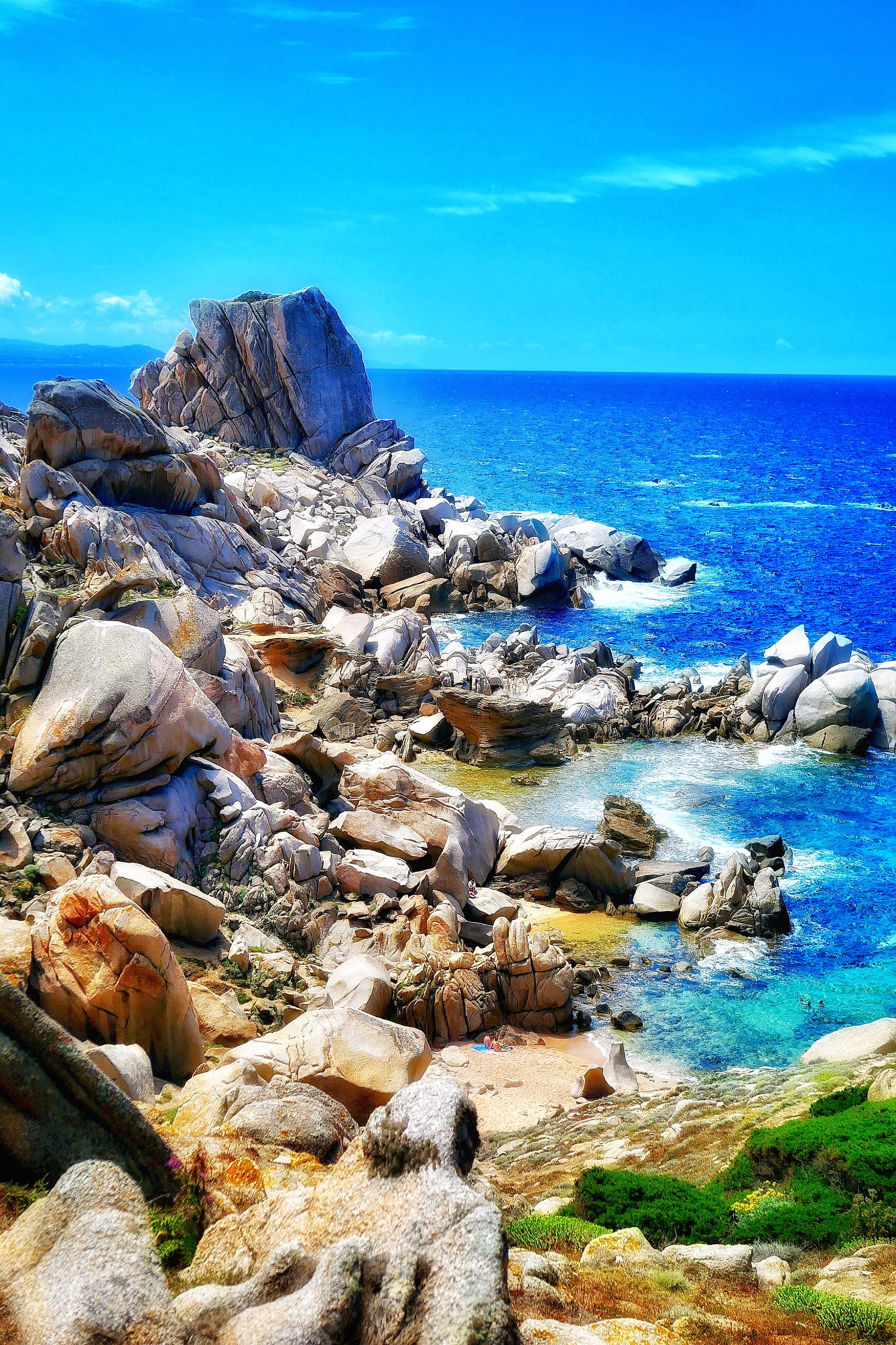 sardinia, turquoise colored, pebble, 4K, santa teresa di gallura, nature, rock, solid, tranquility, beach, sun, scenics - nature, horizon over water, outdoors, Phone HD Wallpaper
