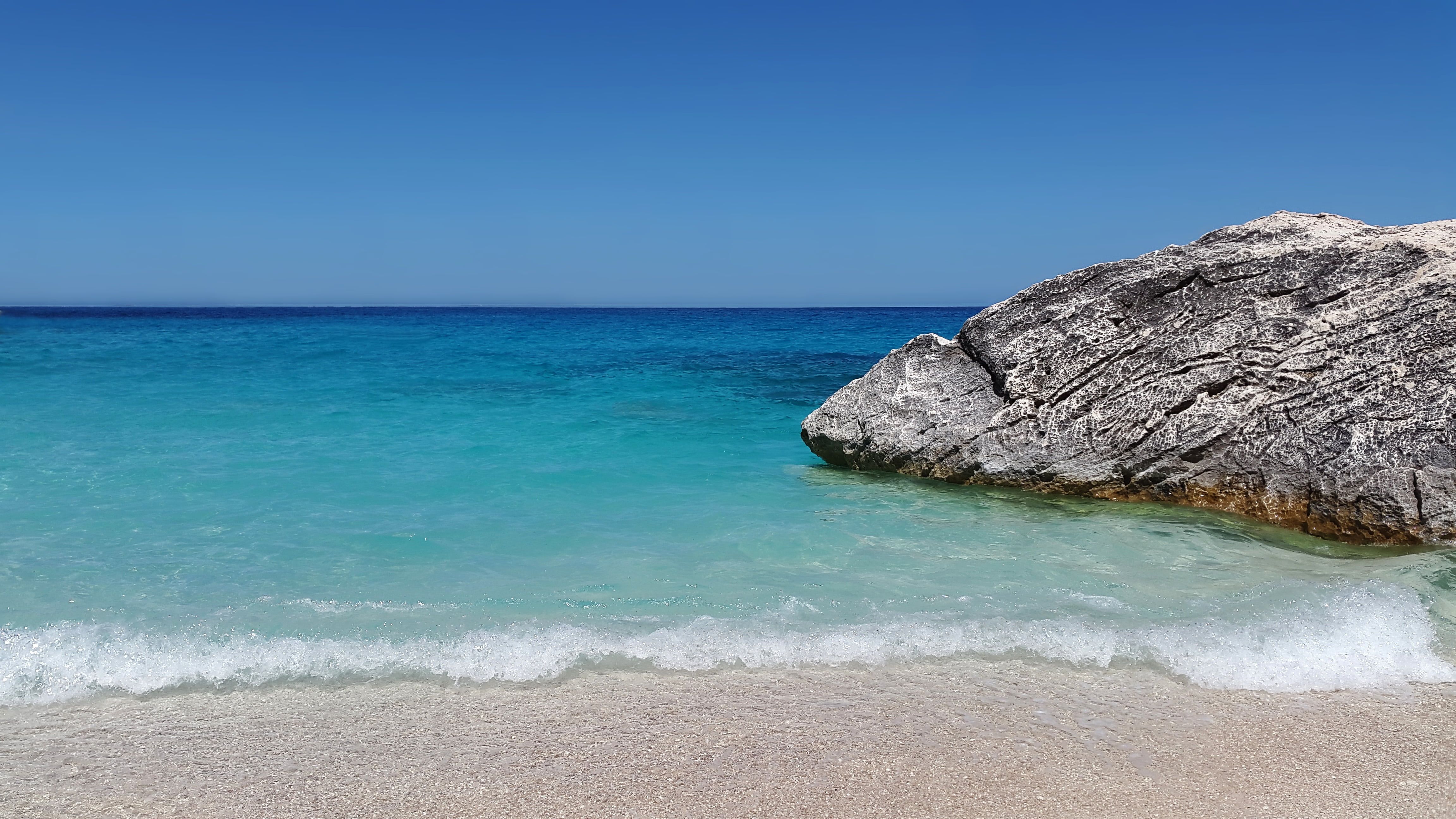 tranquil scene, blue, scenics, clear sky, sea, 4K, scenics - nature, holiday, landscape, sardinia, outdoors, beach, sky, land, coast, tranquility, rock, HD Wallpaper