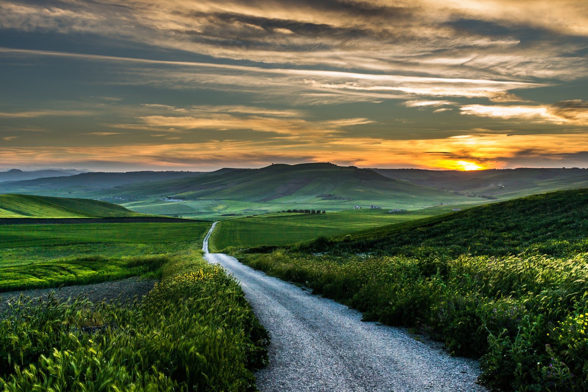 1080P, mountains, landscape, Italy, green, grass, sunset, nature, clouds, field, road, wildflowers, HD Wallpaper