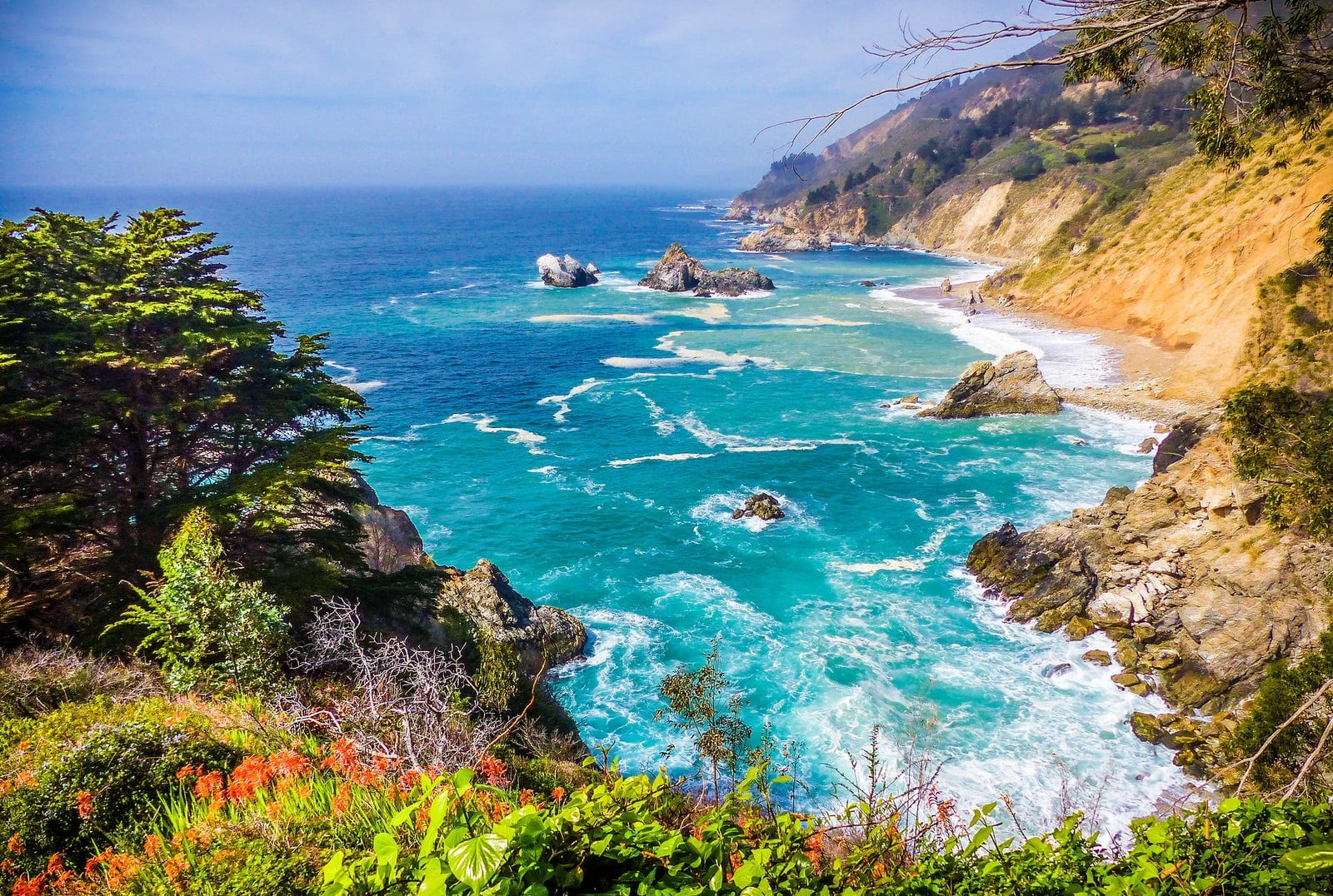 nature, shrubs, California, beach, tranquility, turquoise colored, rocky coastline, wildflowers, scenics - nature, 720P, horizon over water, cliff, plants, HD Wallpaper