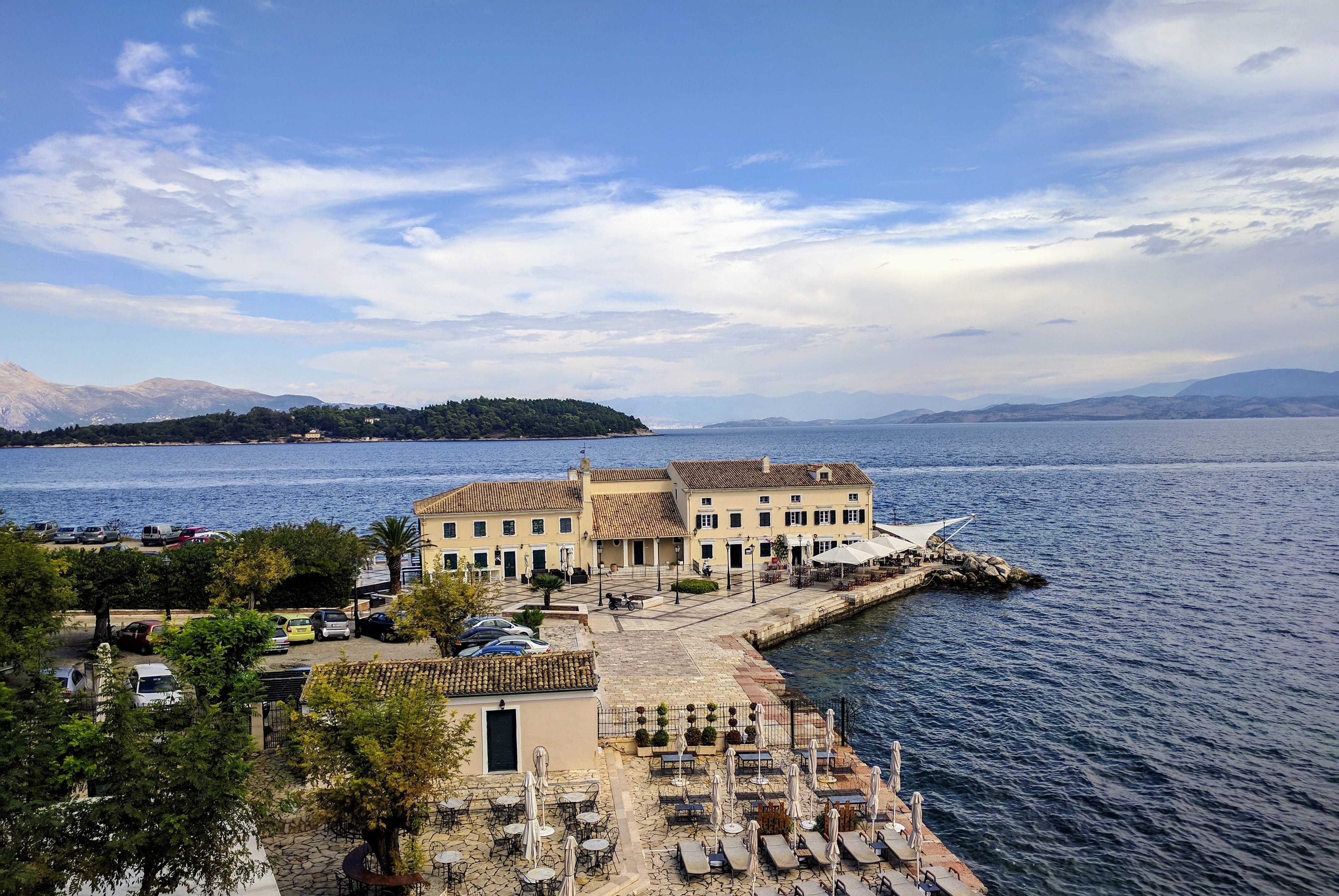 sea, built structure, outdoors, bay, no people, ionian, architecture, blue, 4K, sky, cloud - sky, day, mediterranean, corfu, mountain, the past, building exterior, HD Wallpaper