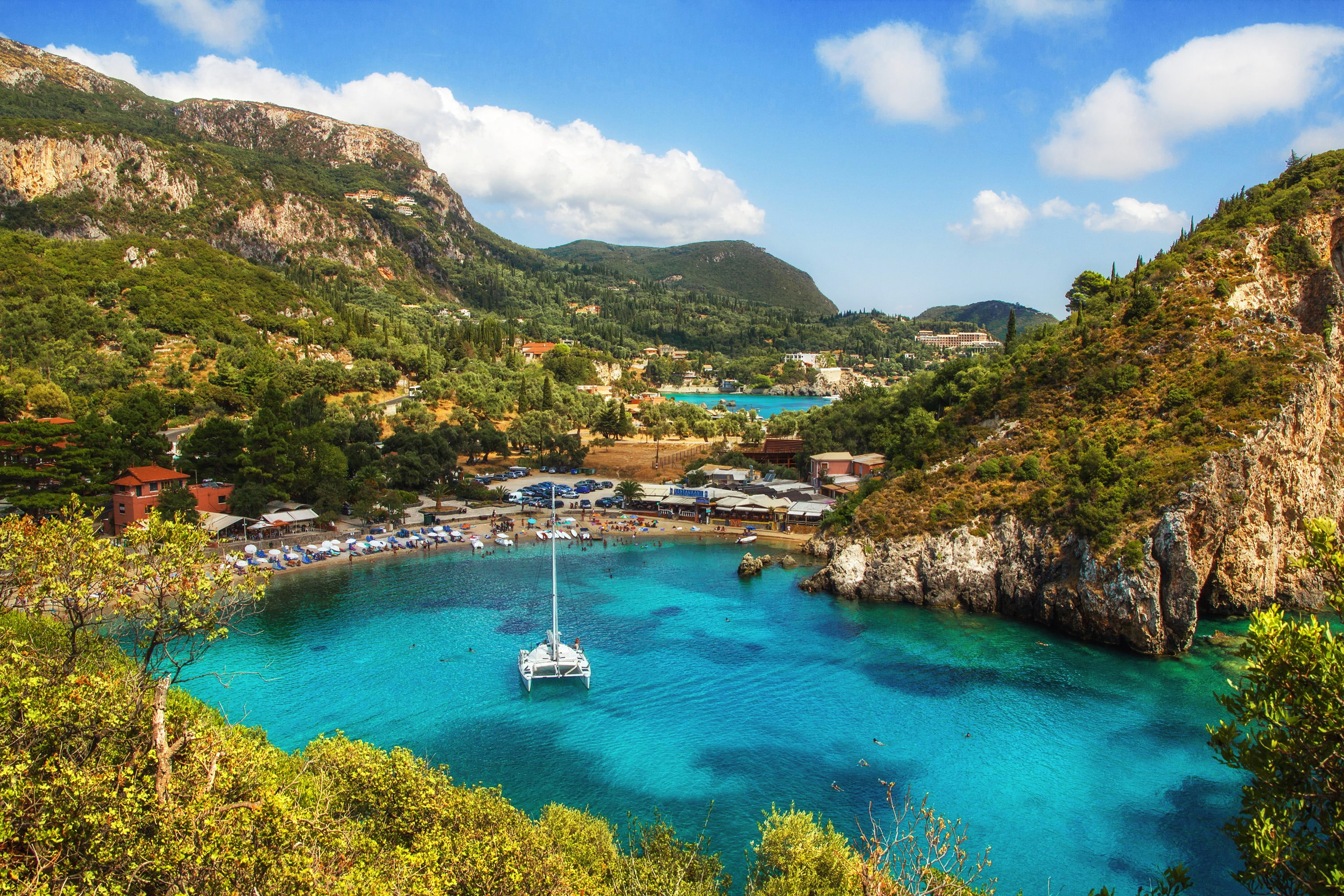 Paleokastritsa, Greece, plant, sky, mountain, luxury, mountains, outdoors, beauty in nature, tranquility, 2K, turquoise colored, mountain range, land, HD Wallpaper