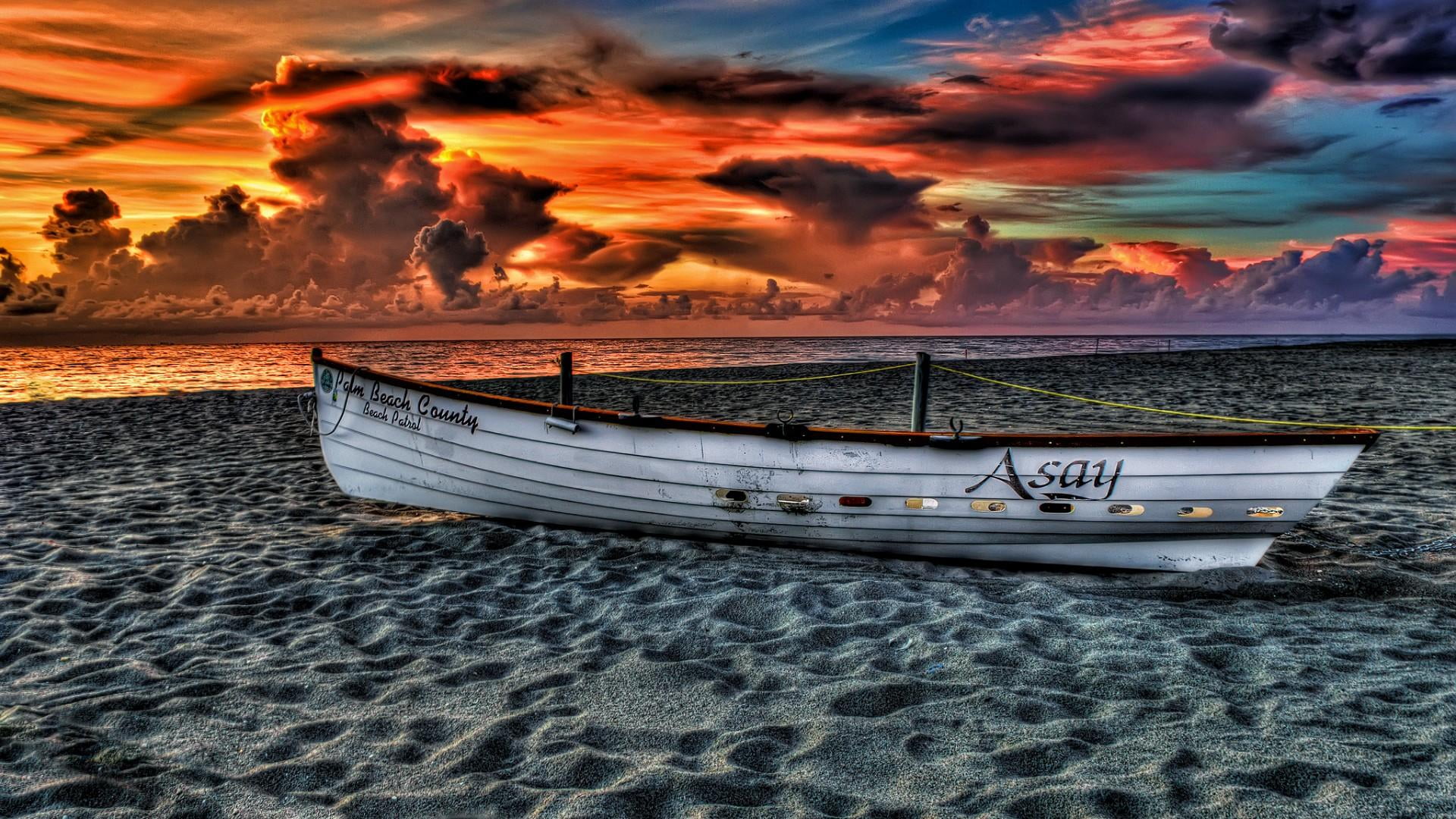 sky, beauty in nature, sandy, idyllic, land, sea, evening, nature, nautical vessel, fishing boat, tranquility, boat, cloud - sky, orange color, no people, HD Wallpaper