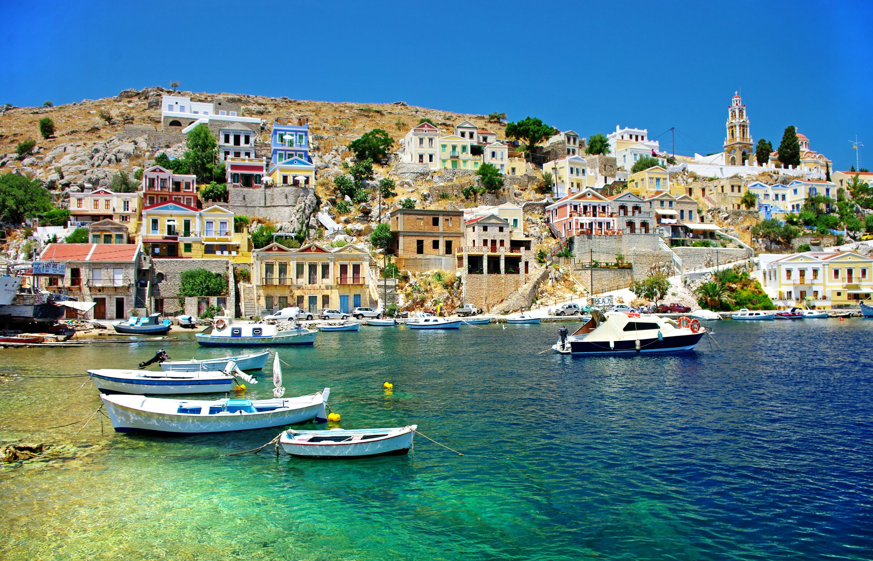2K, sea, cities, boats, houses, corfu, greece, HD Wallpaper