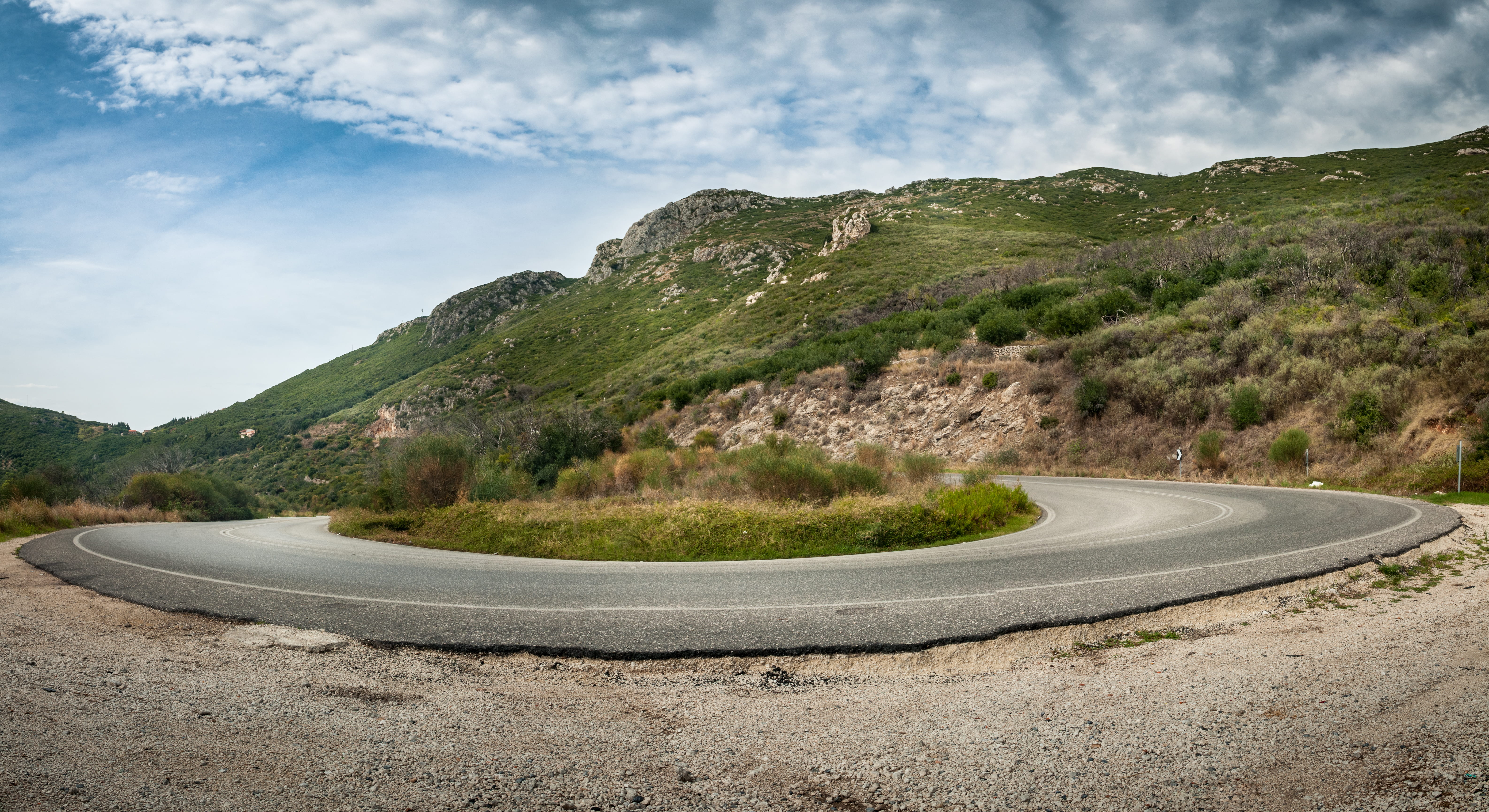 island, the way forward, road, curve, winding road, mountains, nature, travel, non-urban scene, greece, clouds, tranquil scene, plant, 5K, cloud - sky, HD Wallpaper