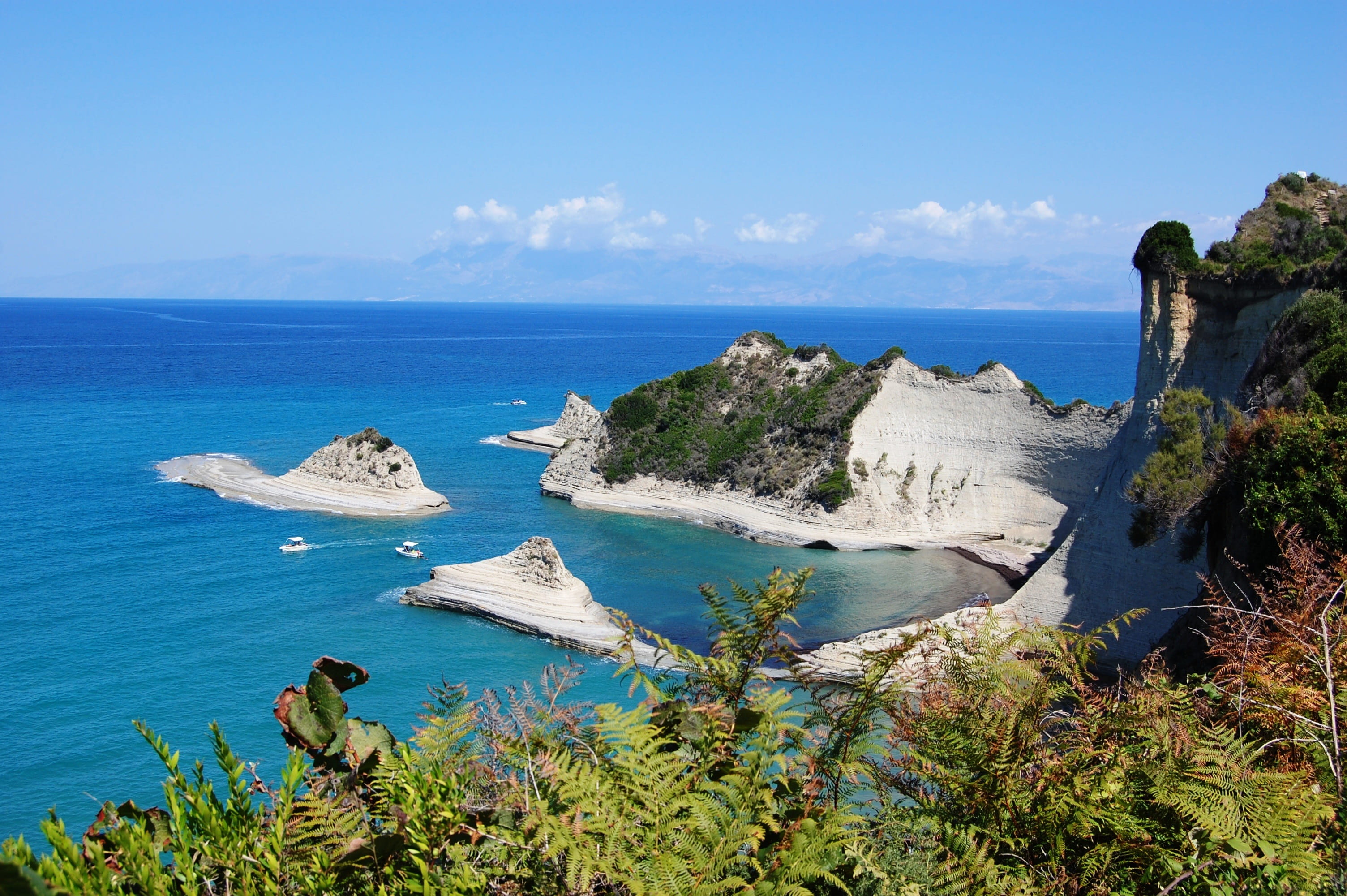 rocky coastline, corfu, the cliffs, plant, land, nautical vessel, outdoors, day, no people, tranquility, beauty in nature, horizon over water, tranquil scene, HD Wallpaper