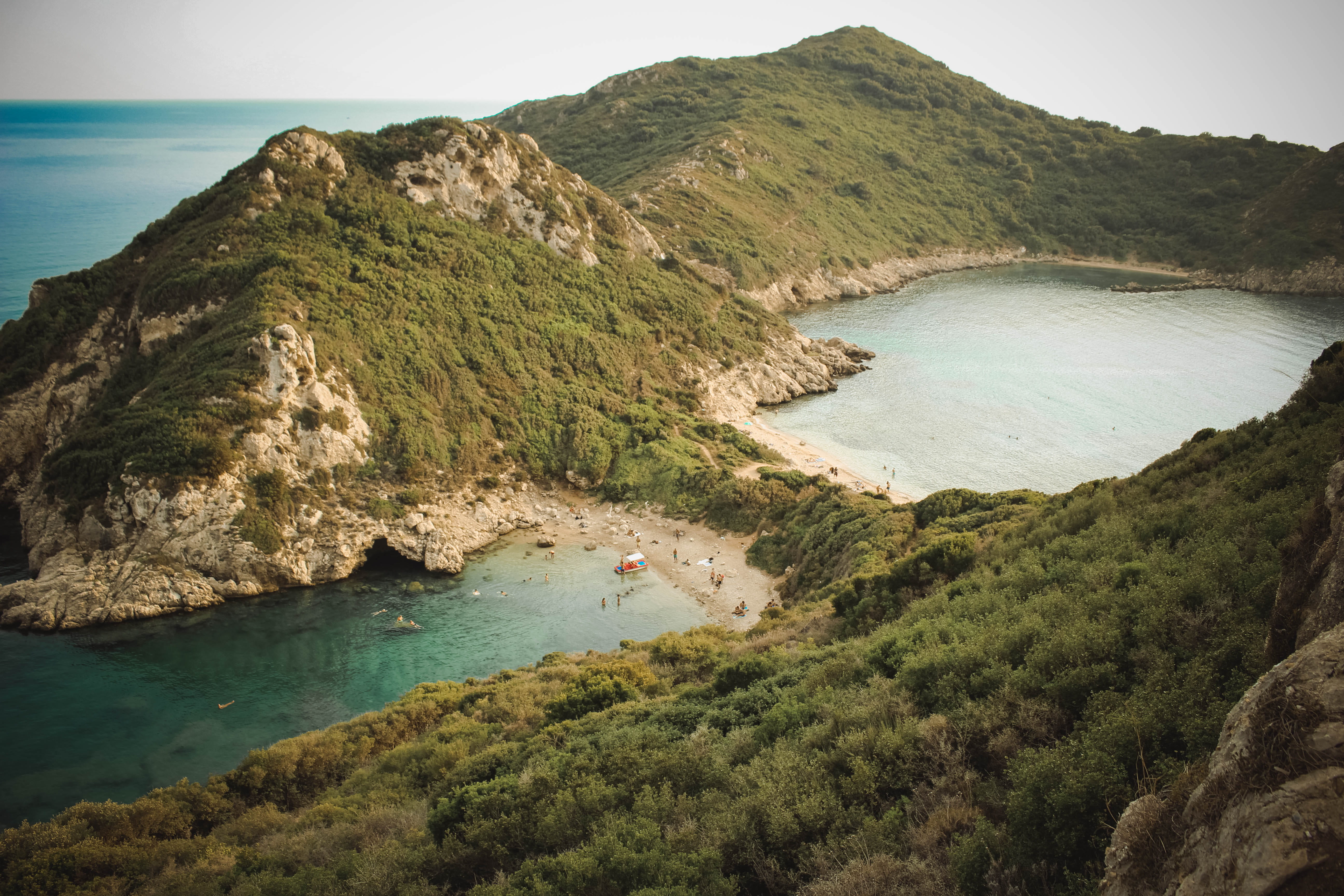 beauty in nature, 5K, sky, beach, nature, high angle view, no people, water, corfu, outdoors, scenics - nature, sea, bay, mountain, idyllic, plant, formation, HD Wallpaper