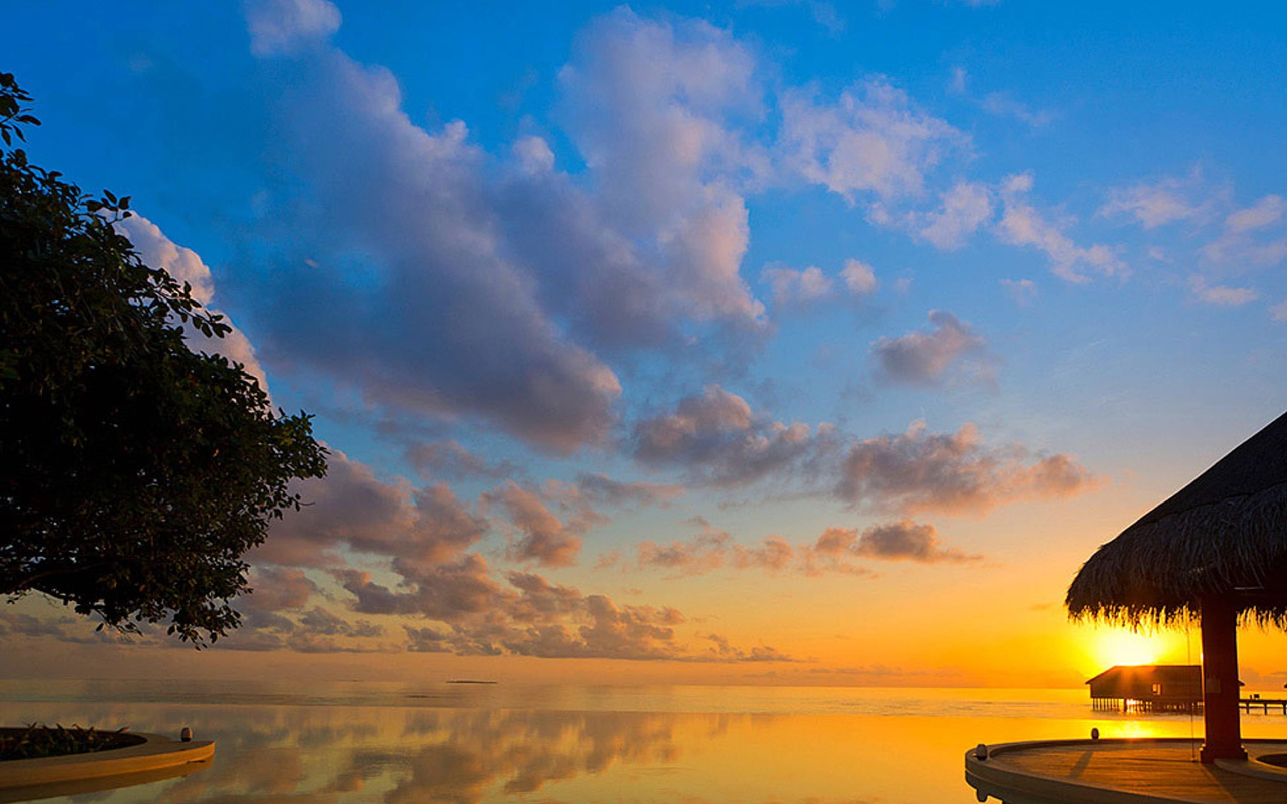 desktop, bungalows, background, water, 2K, bora, sunset, tahiti, polynesia, HD Wallpaper