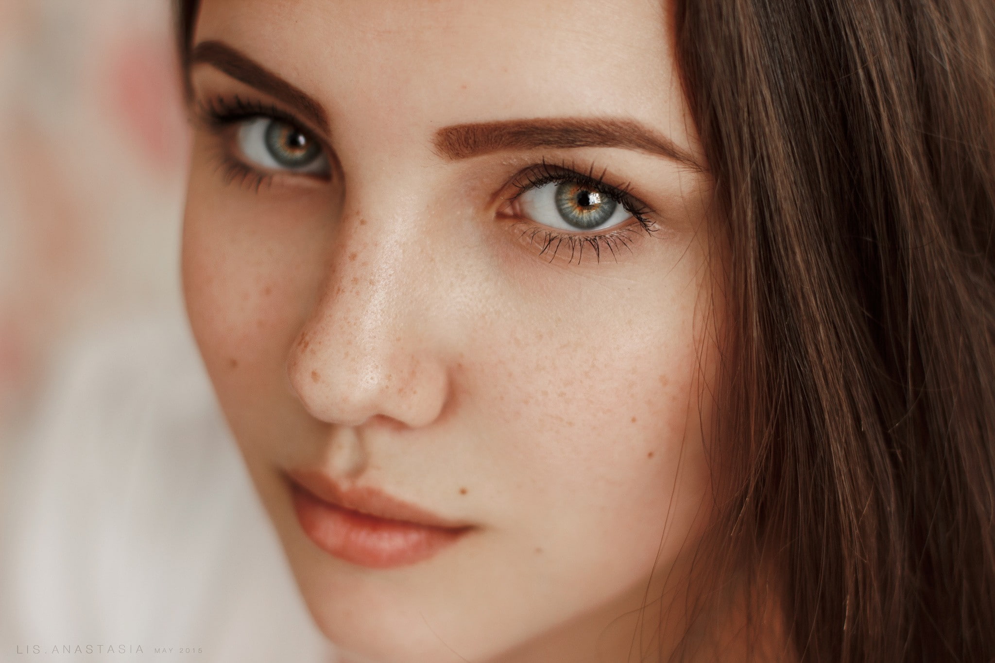 model, portrait, Anastasia Lis, freckles, brunette, 1080P, face, HD Wallpaper