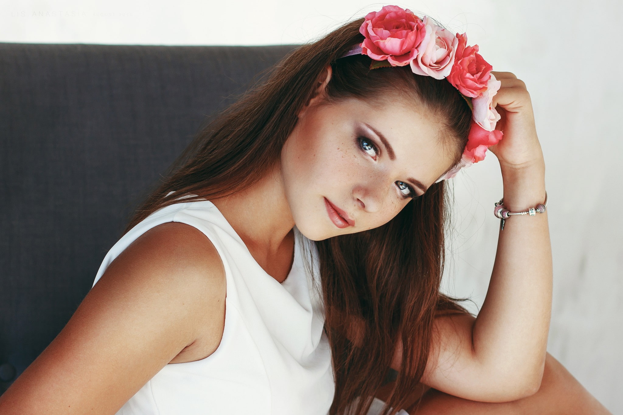 white tops, brunette, hazel eyes, Anastasia Lis, freckles, women, 1080P, model, HD Wallpaper