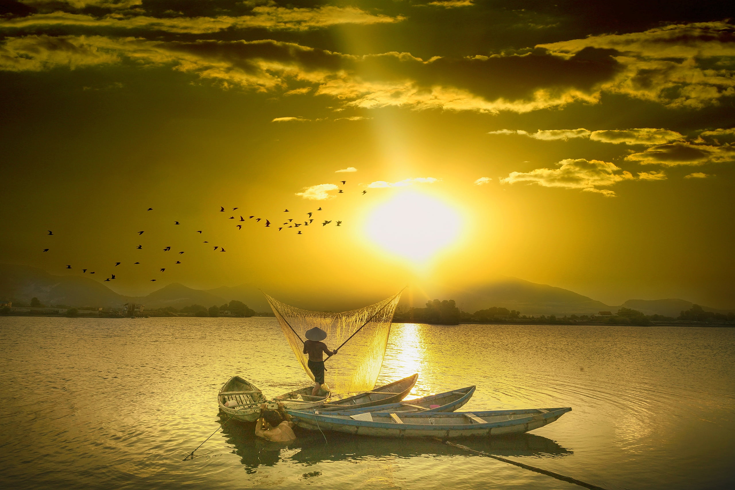 2K, mountains, Asia, China, light, birds, fishing, Asian, the sun, hat, angler, pond, clouds, boats, pack, network, rendering, sunset, Chinese, HD Wallpaper
