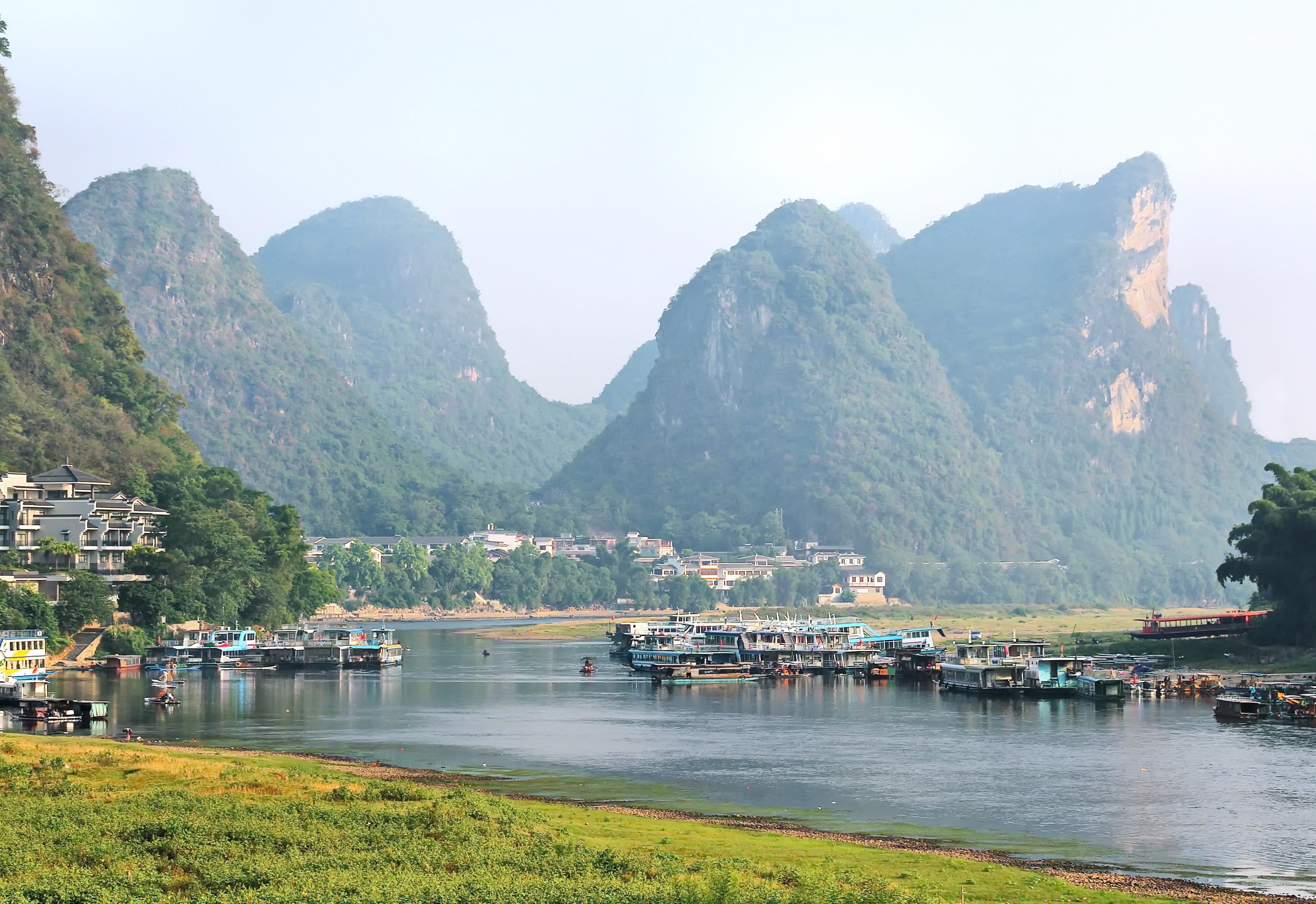mountain, boats, tourism, day, china, fading, panoramic, travel destinations, moored, water, 2K, transportation, beauty in nature, mode of transportation, HD Wallpaper