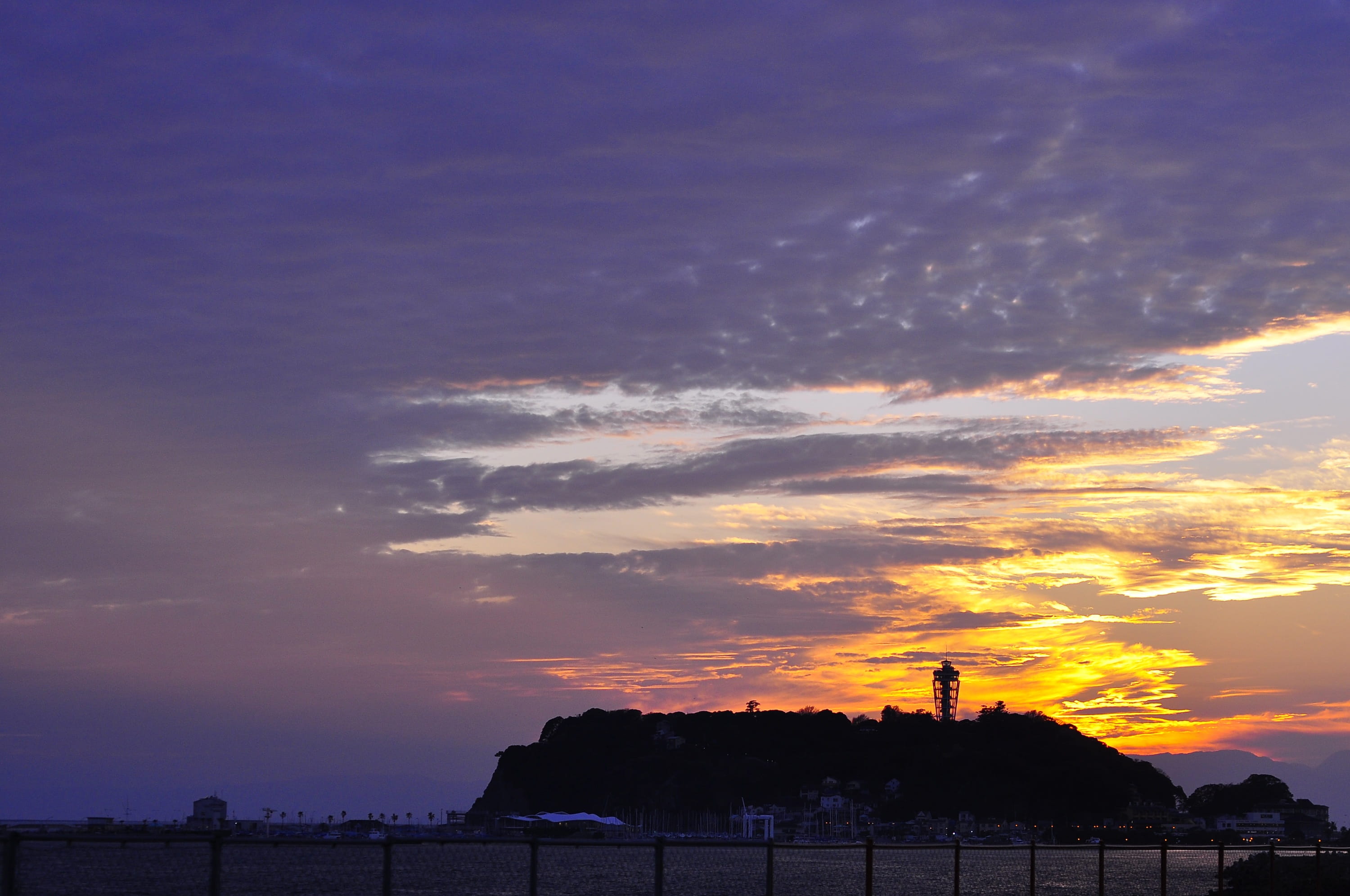 sky, nature, building exterior, purple, beauty in nature, sunset, silhouette, enoshima, idyllic, outdoors, 2K, scenics - nature, orange color, jiang techno island, HD Wallpaper