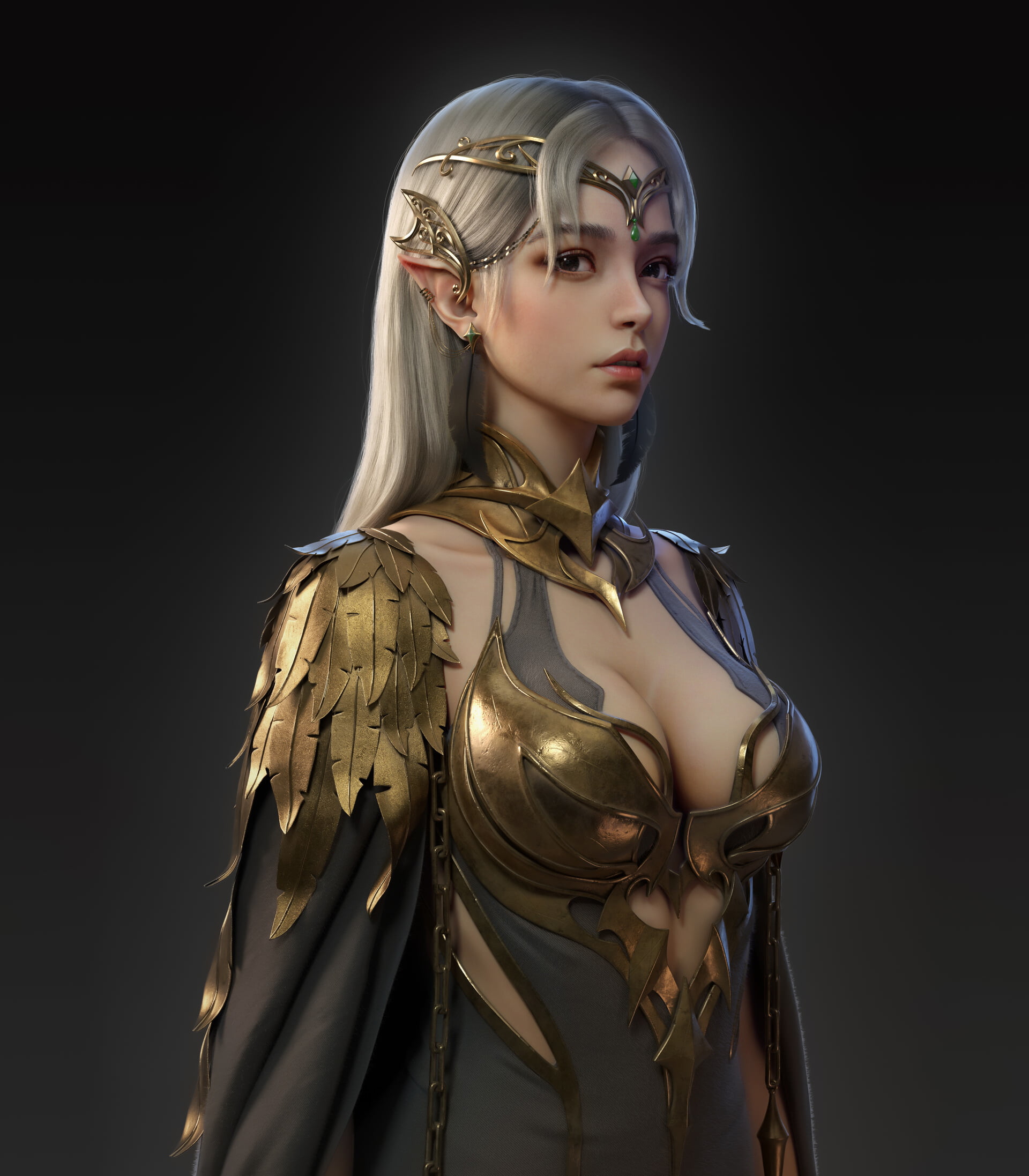 elves, women, makeup, Yi Jiang, simple background, gold, 1080P, tiaras, armor, CGI, silver hair, Phone HD Wallpaper