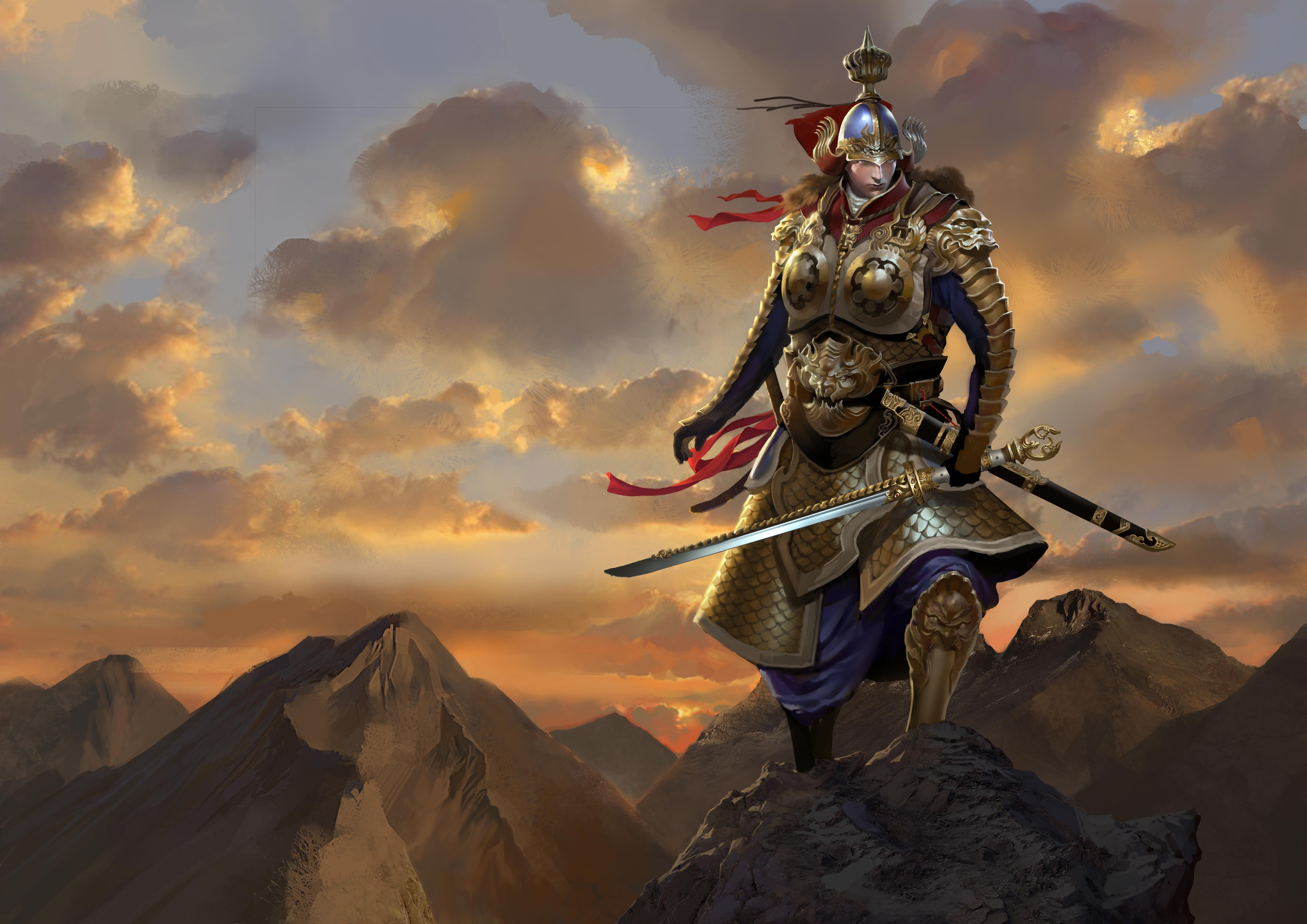 sculpture, jiang you, legend, religion, sky, art and craft, no people, sword, cloud - sky, armor, beauty in nature, 4K, mountain, warrior, belief, solid, HD Wallpaper