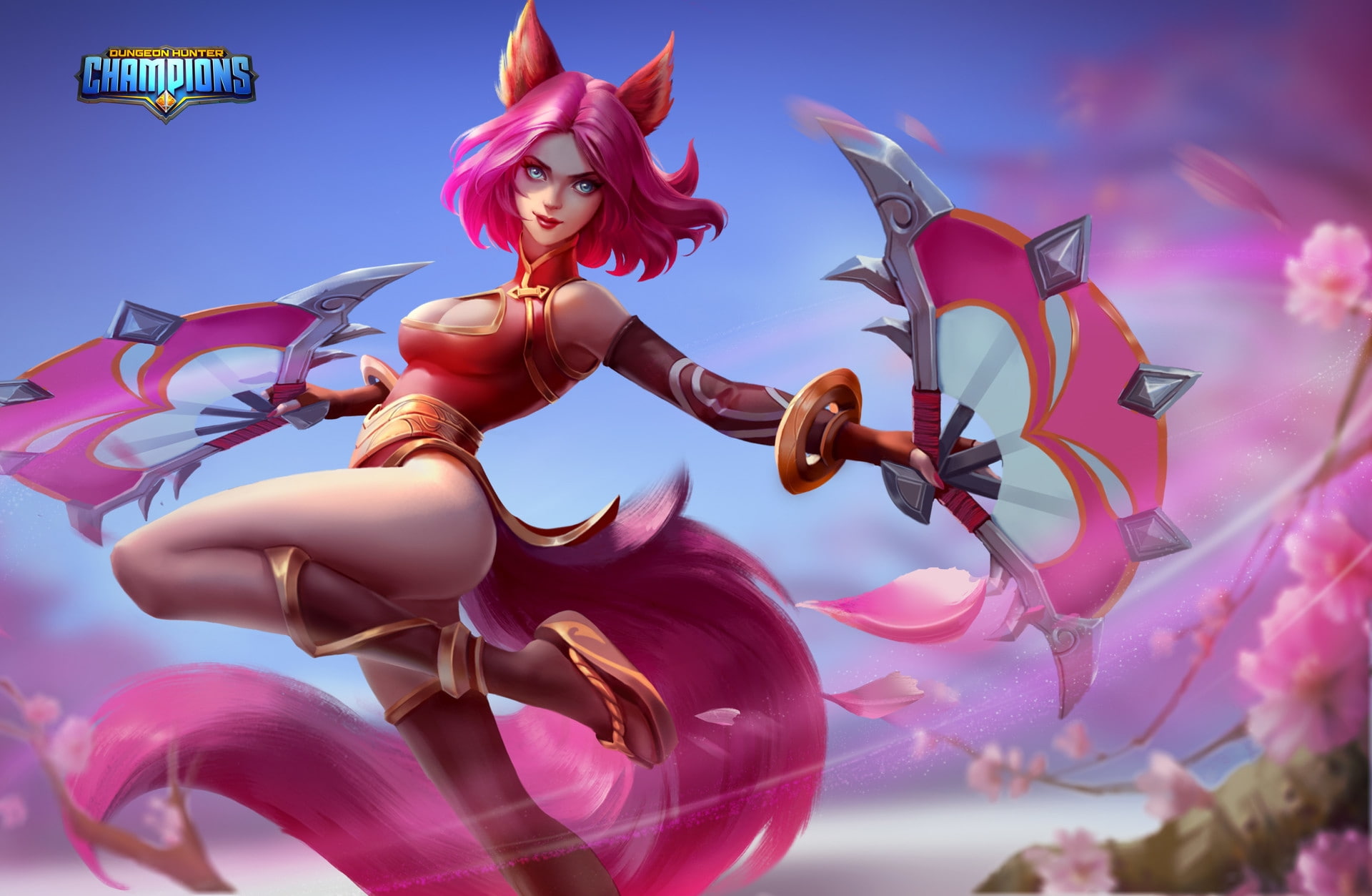 luminos, fox, blue, fan, fantasy, 1080P, pink, girl, Fox girl, jiang lai, HD Wallpaper