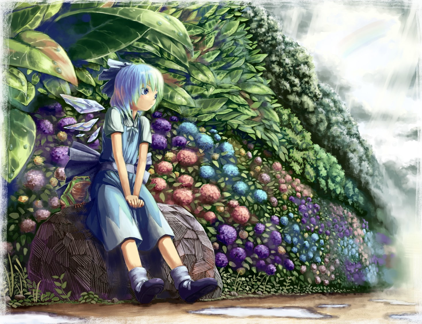 wings, ice, dress, bangs, girls, games, ornaments, cirno, fairies, socks, outdoors, plants, touhou, bows, anime, sitting, short, video, flowers, eyes, 720P, HD Wallpaper