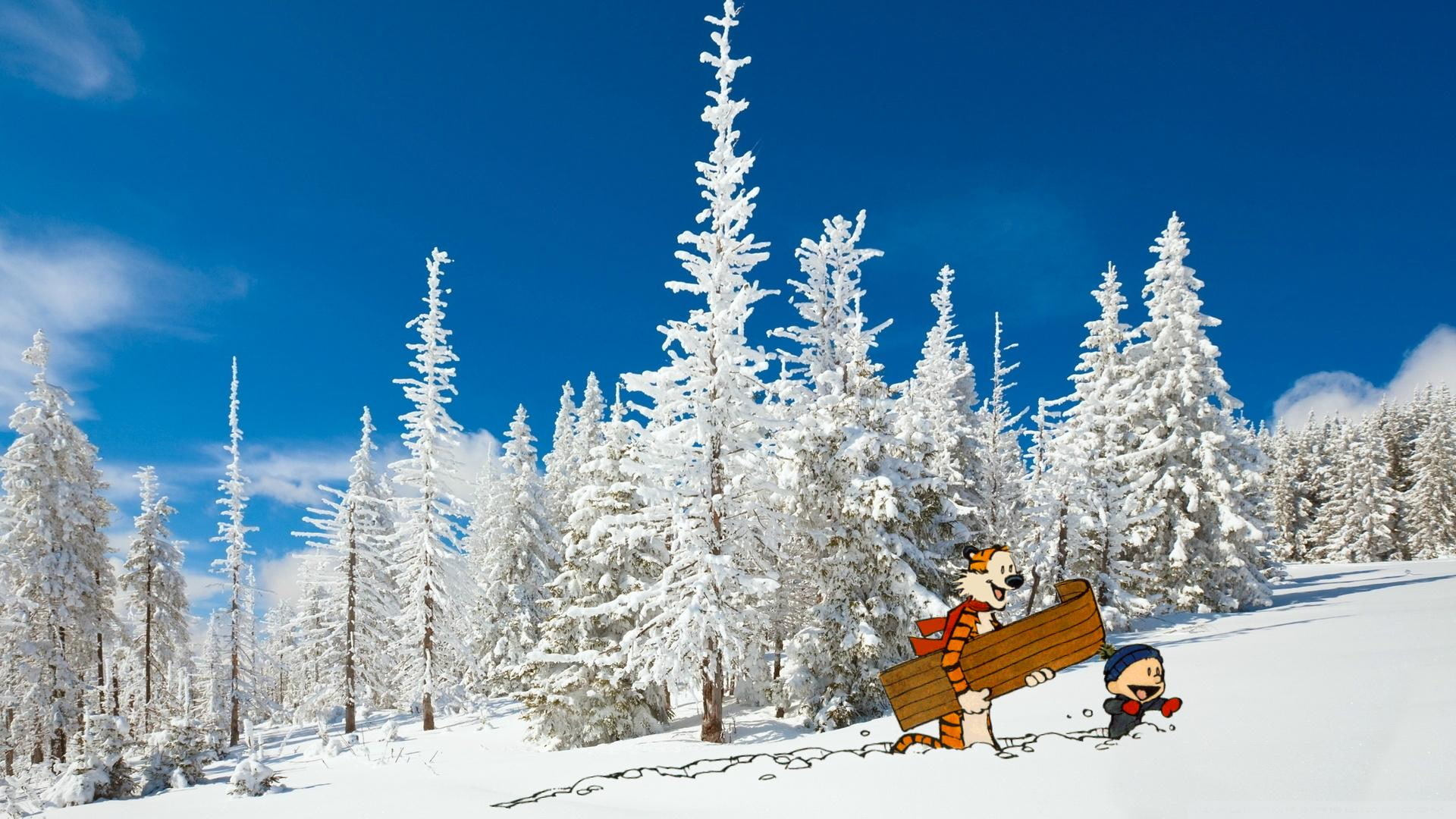 blue, Calvin and Hobbes, winter, cartoon, 1080P, trees, HD Wallpaper