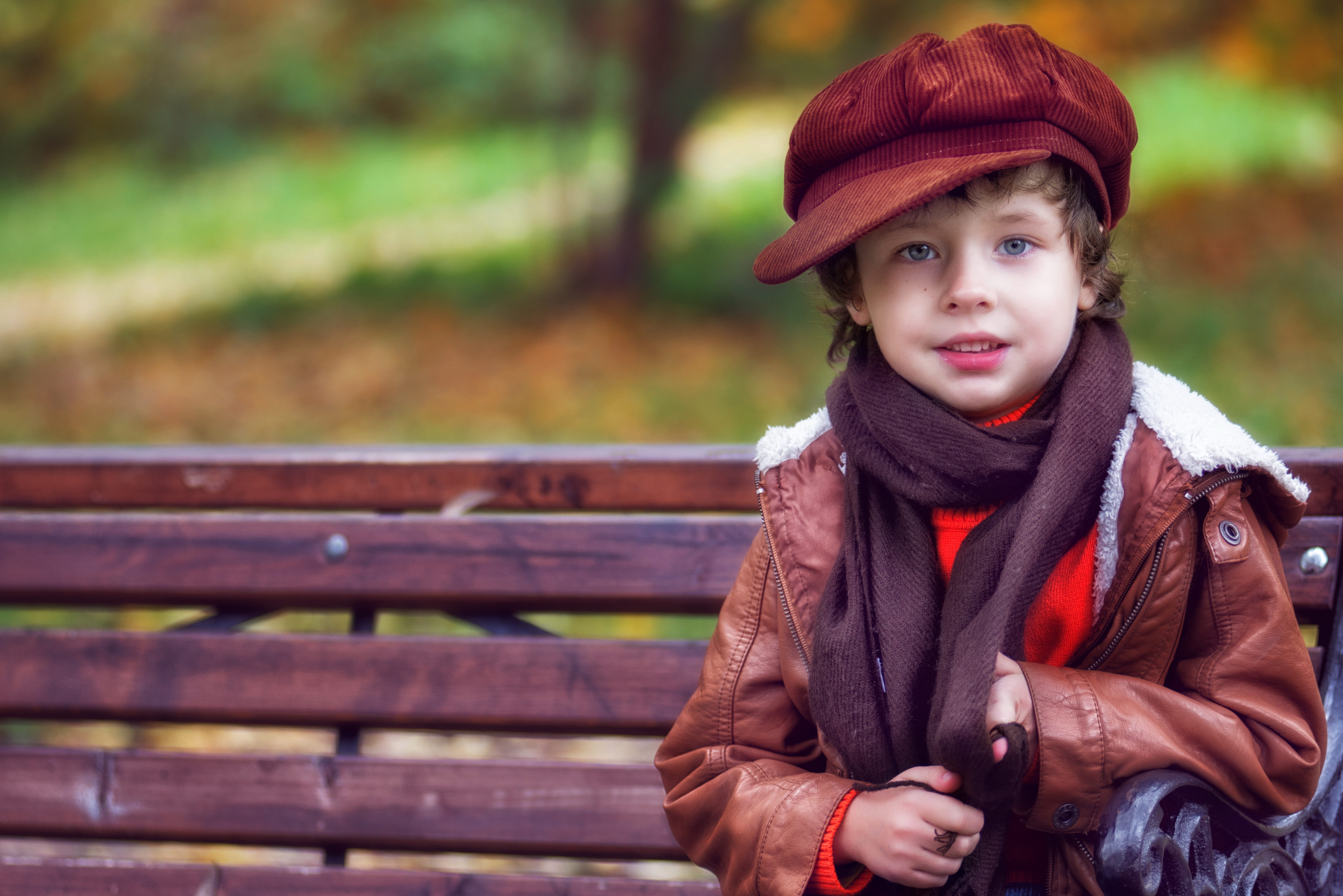 portrait, smile, hat, autumn, winter, child, one person, scarf, kid, s, children, jacket, 5K, park bench, small child, innocence, leather, photographing children, HD Wallpaper
