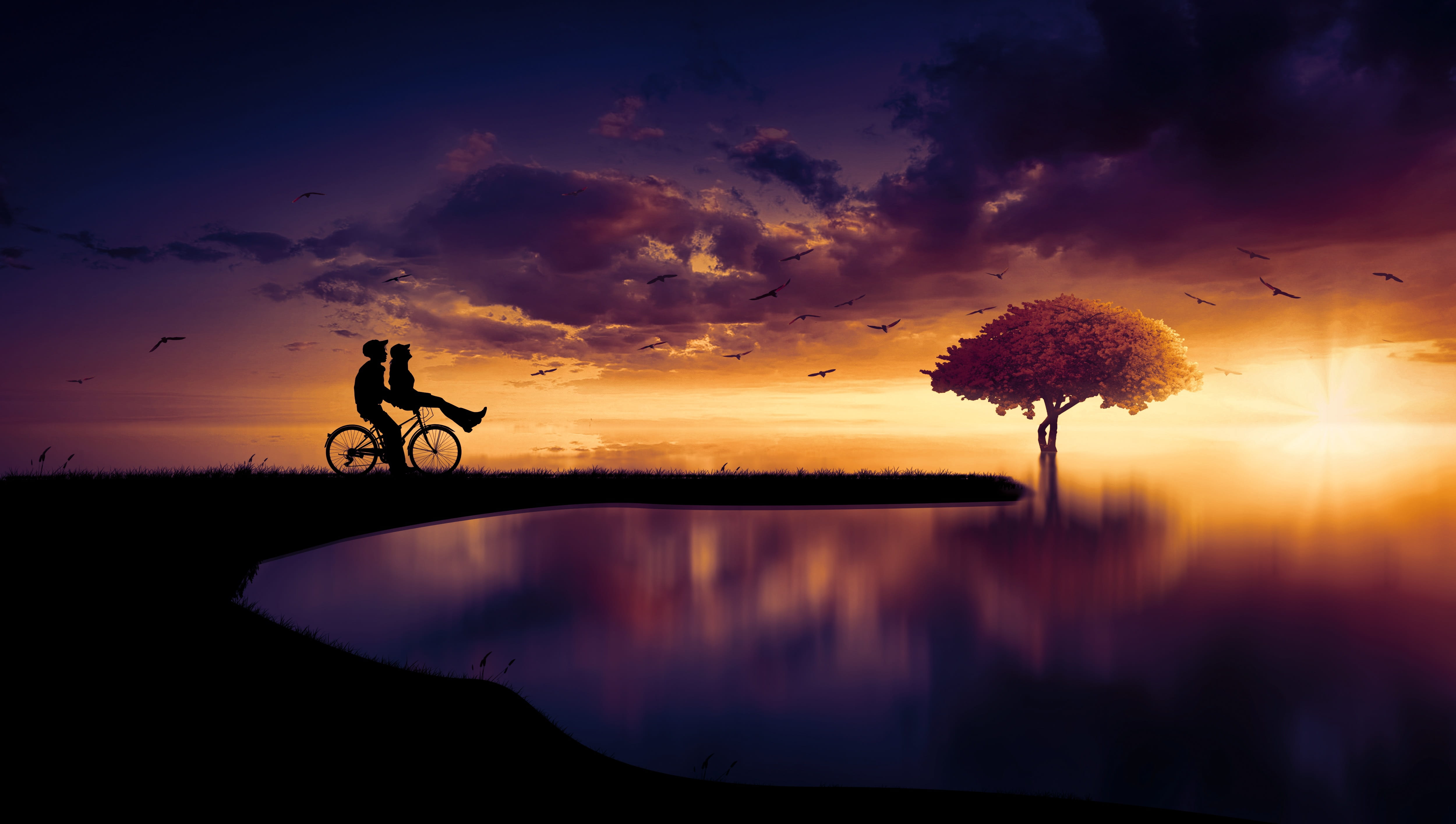 nature, mood, outdoors, sport, sunrise, sea, lovers, bicycle, love, water, lifestyles, dawn, dusk, riding, together, landscape, sky, cloud - sky, silhouette, HD Wallpaper