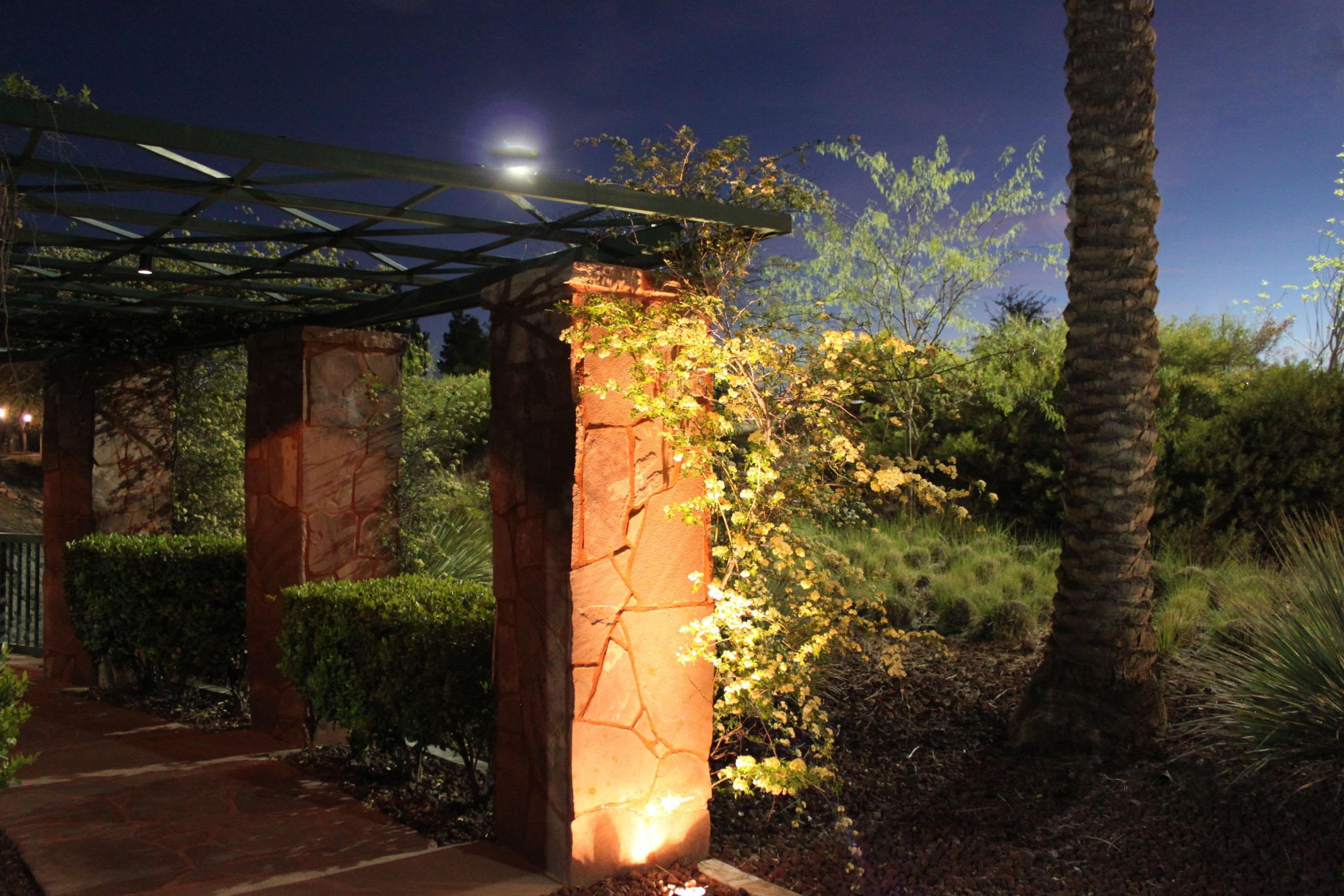 tree, night, stroll, columns, 3d and abstract, flowers, bushes, 1080P, HD Wallpaper
